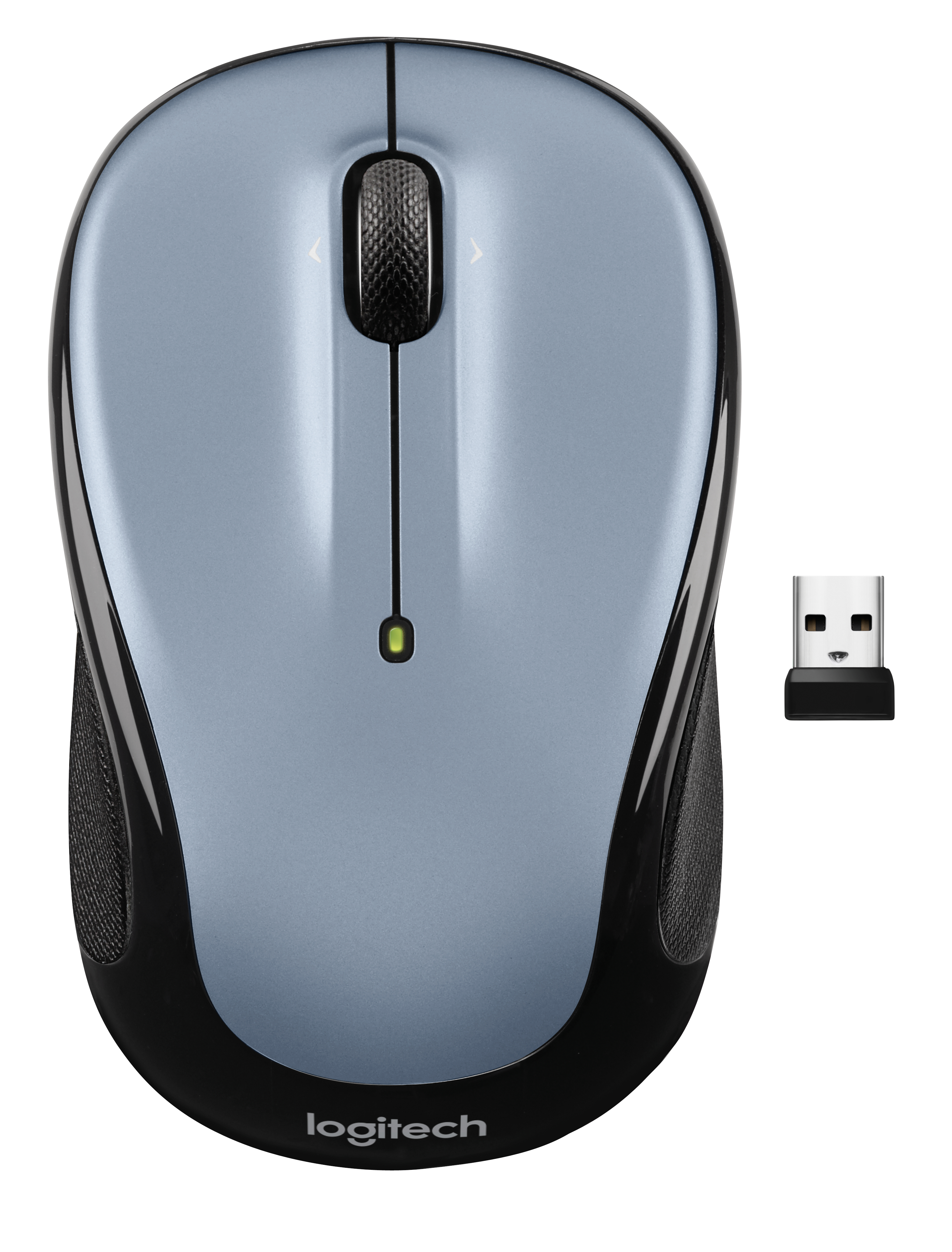 Niebiesko-czarna mysz Logitech z odbiornikiem USB. Strzałki na górze i logo.