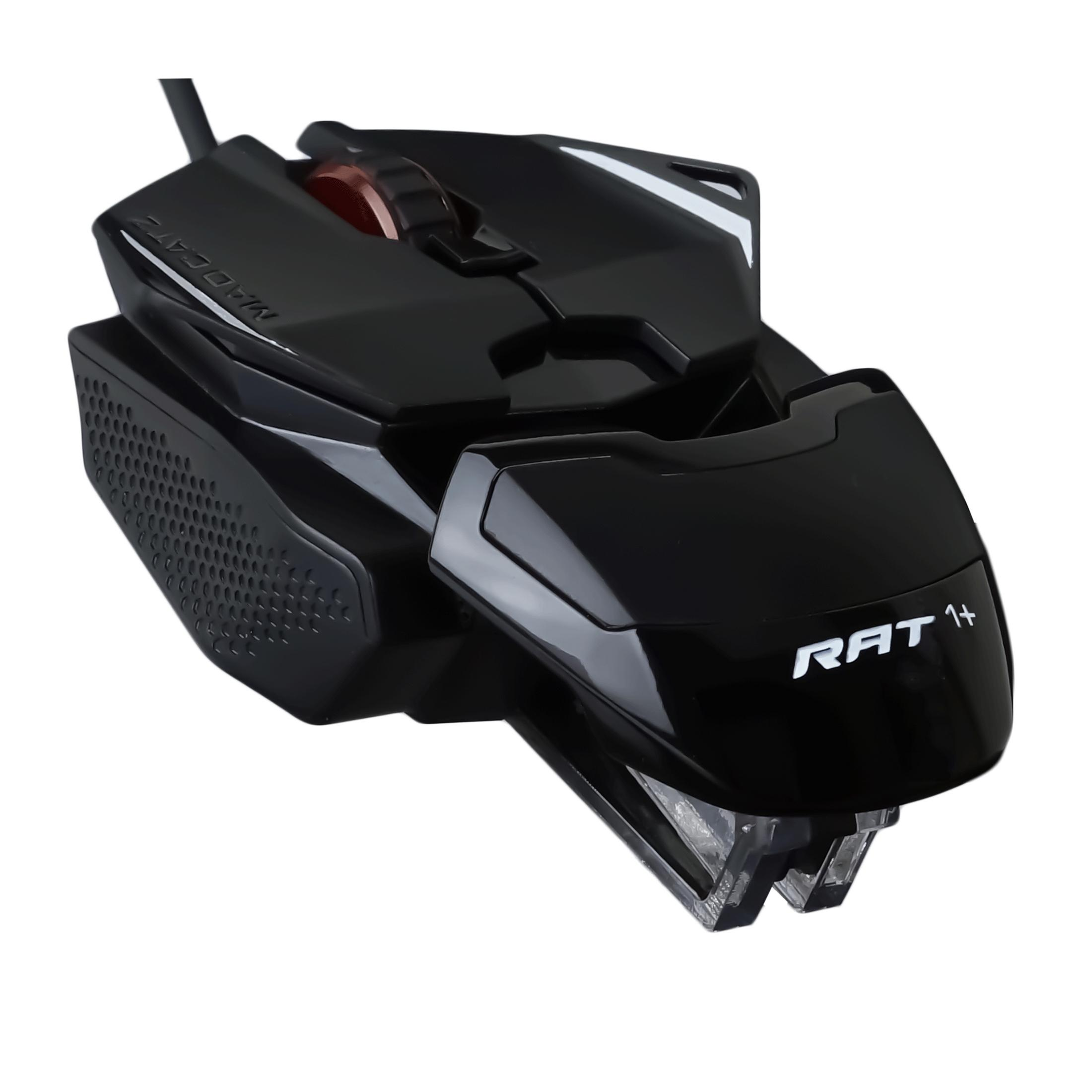 Eine schwarze Gaming-Maus. Sie hat ein einzigartiges Design mit einem roten Scrollrad. Sie ist auf weißem Hintergrund.
