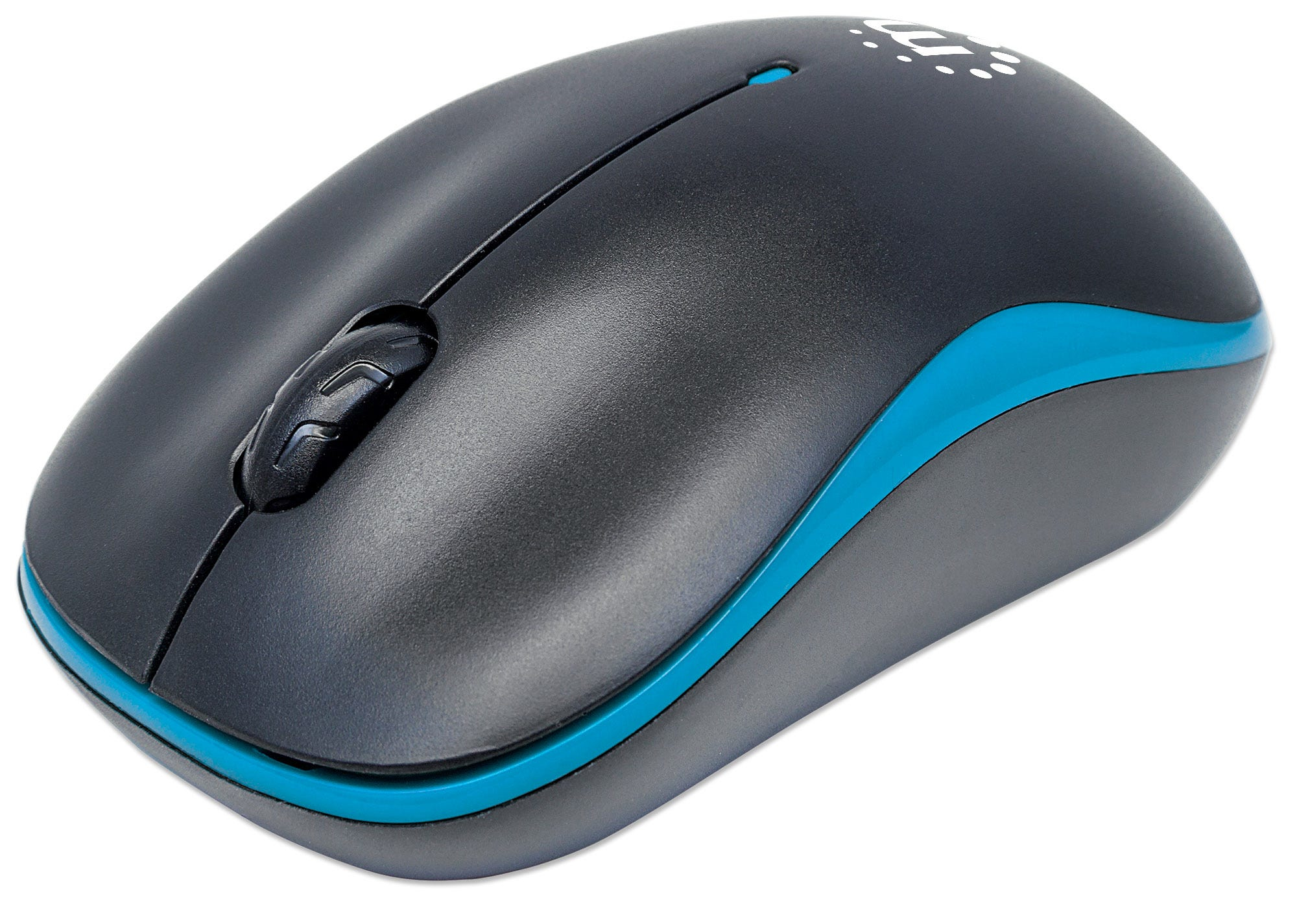 Mouse nero e blu con rotella e due pulsanti. Il mouse ha un bordo blu.
