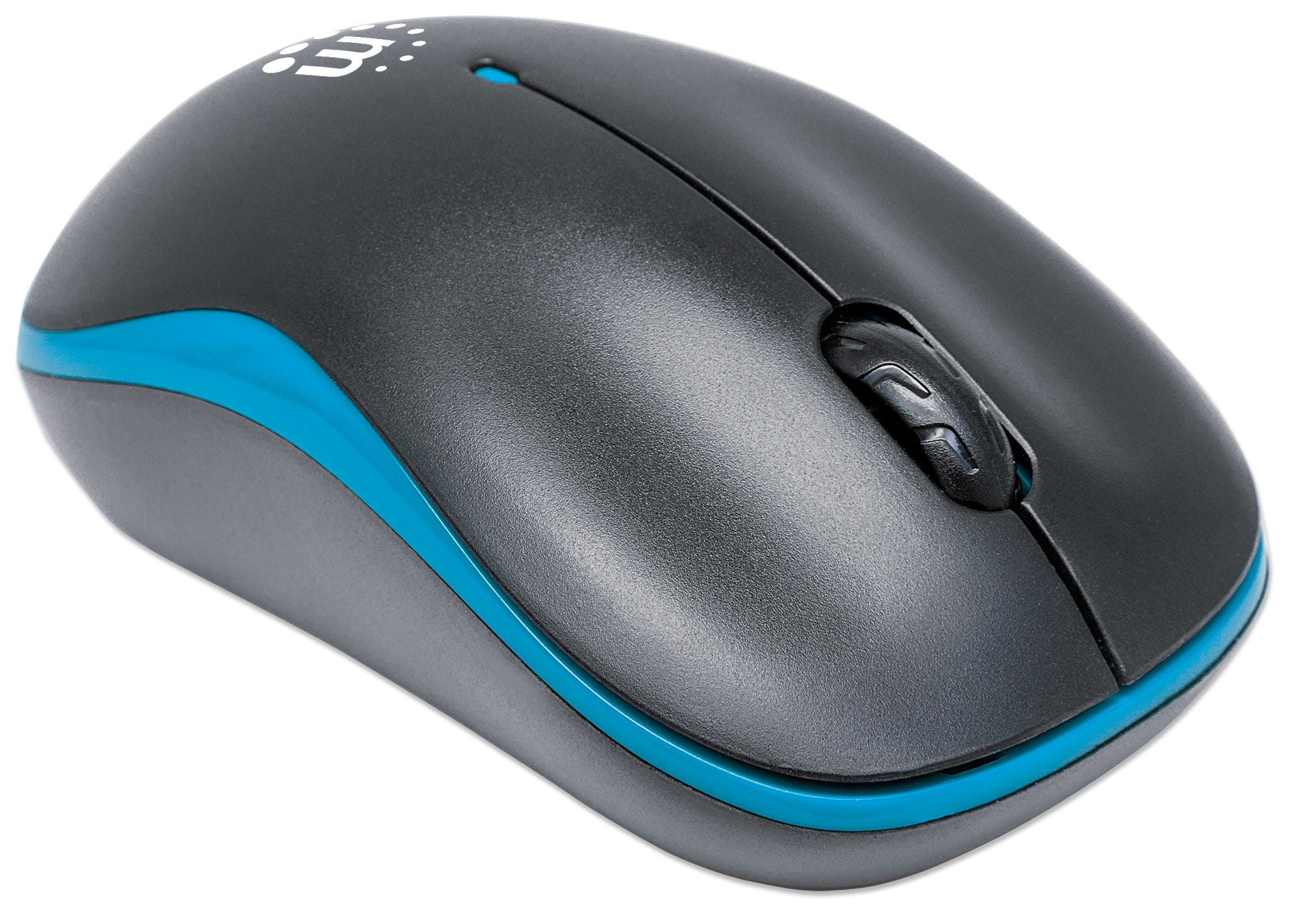 Mouse grigio scuro con dettagli blu. Il mouse ha rotella e pulsanti.