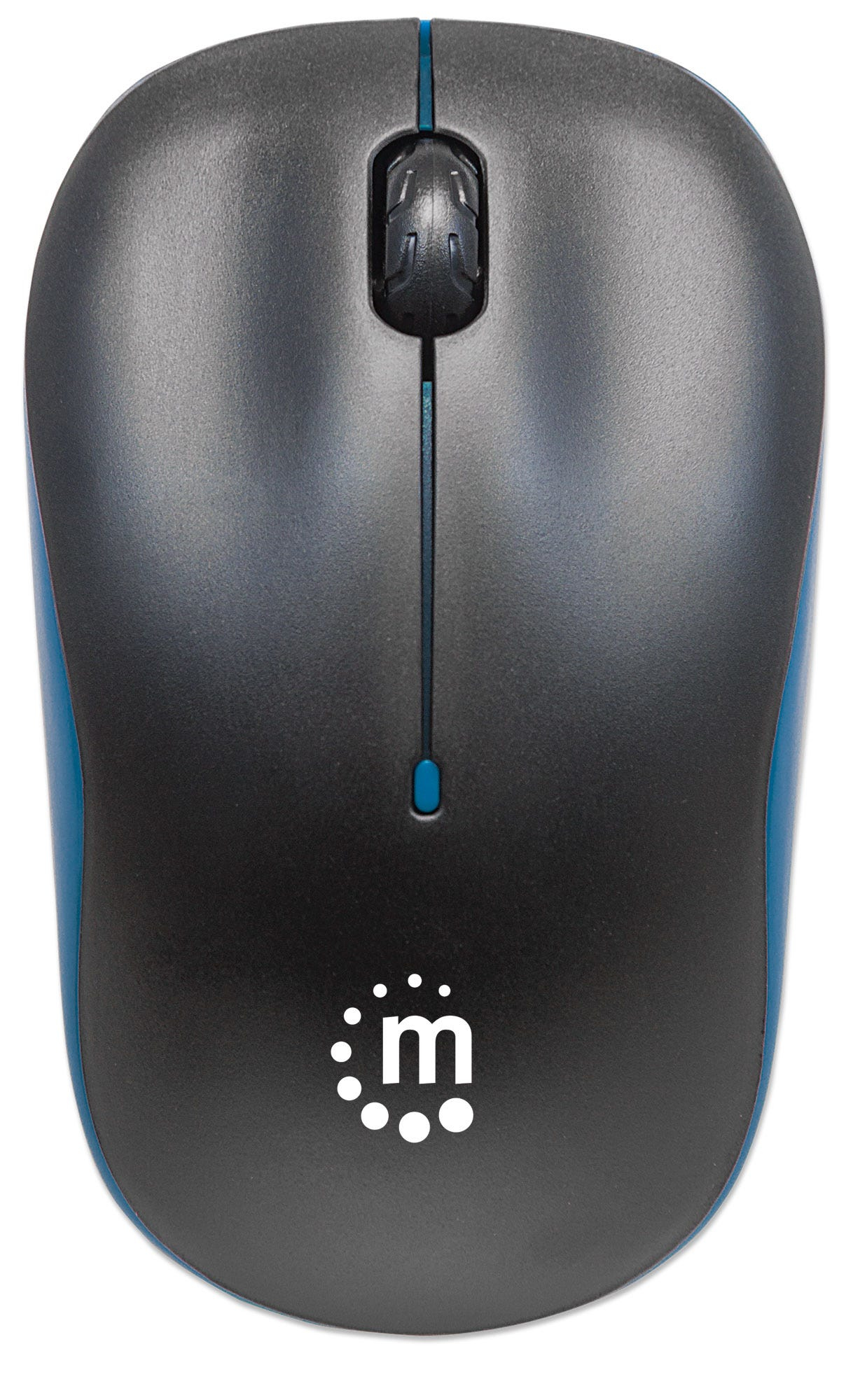 Un mouse per computer nero e blu con un logo.