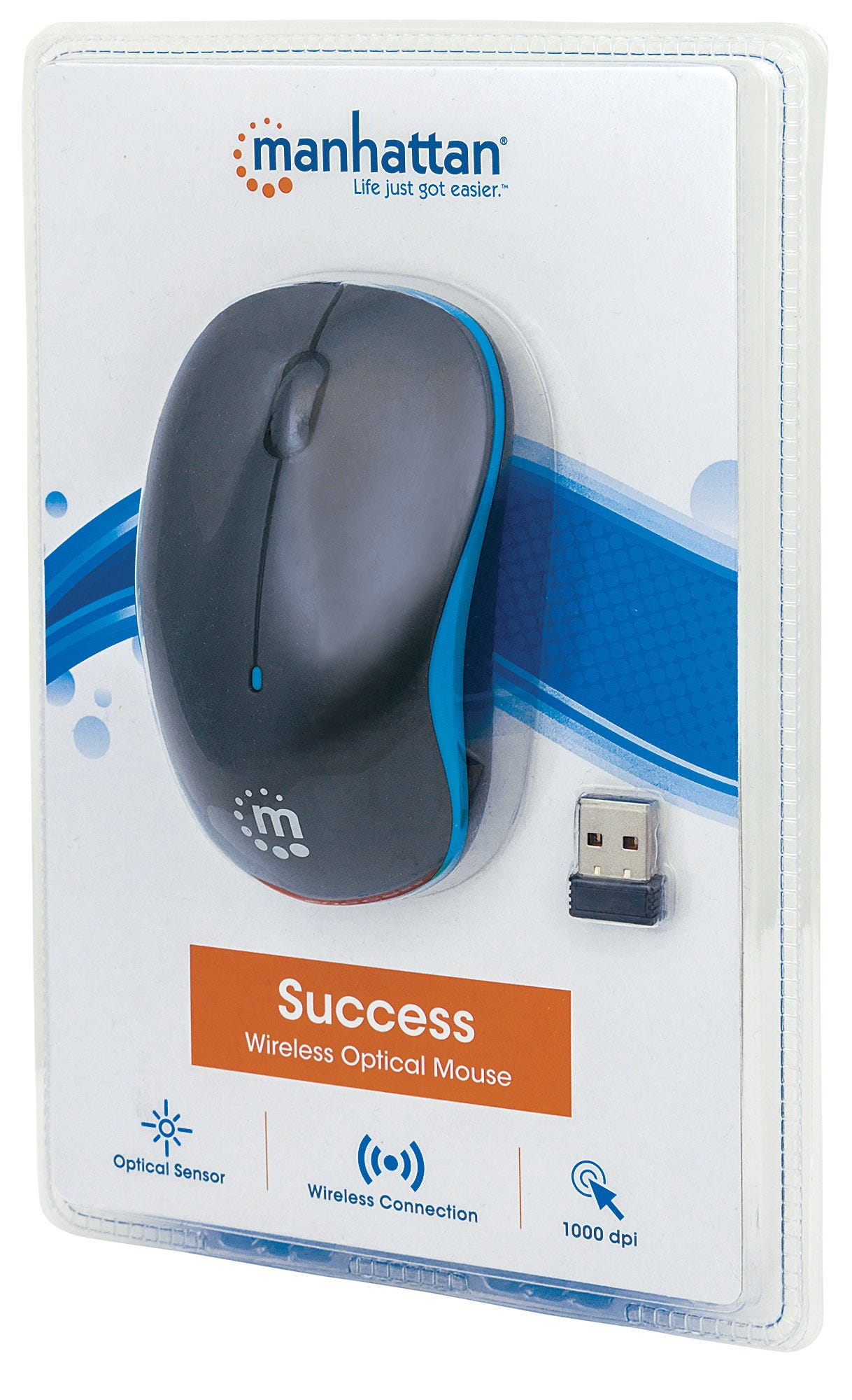 Mouse ottico wireless Manhattan in confezione, con un ricevitore USB.