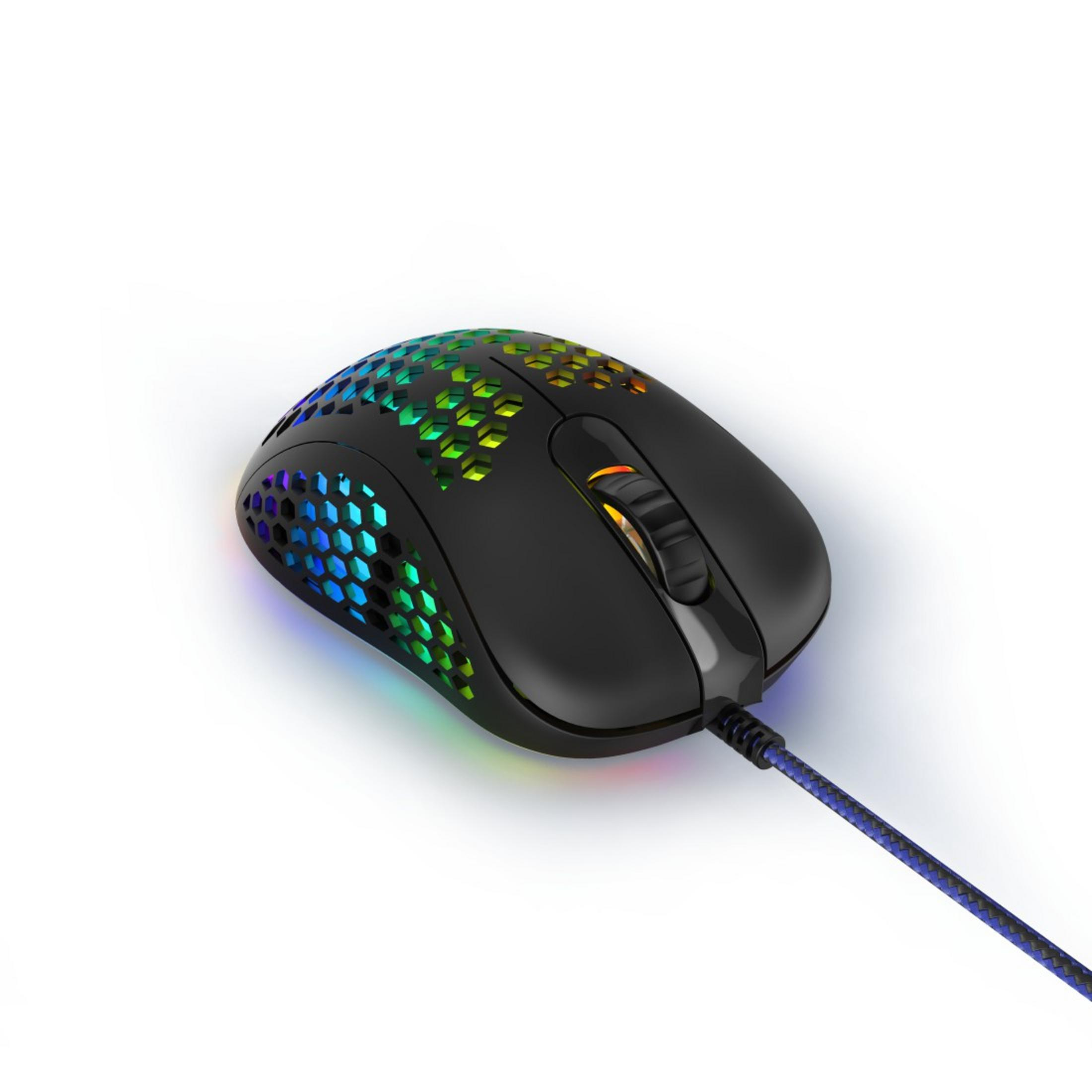 Schwarze Gaming-Maus mit RGB-Beleuchtung. Die Maus hat ein Wabenmuster und ein Kabel.