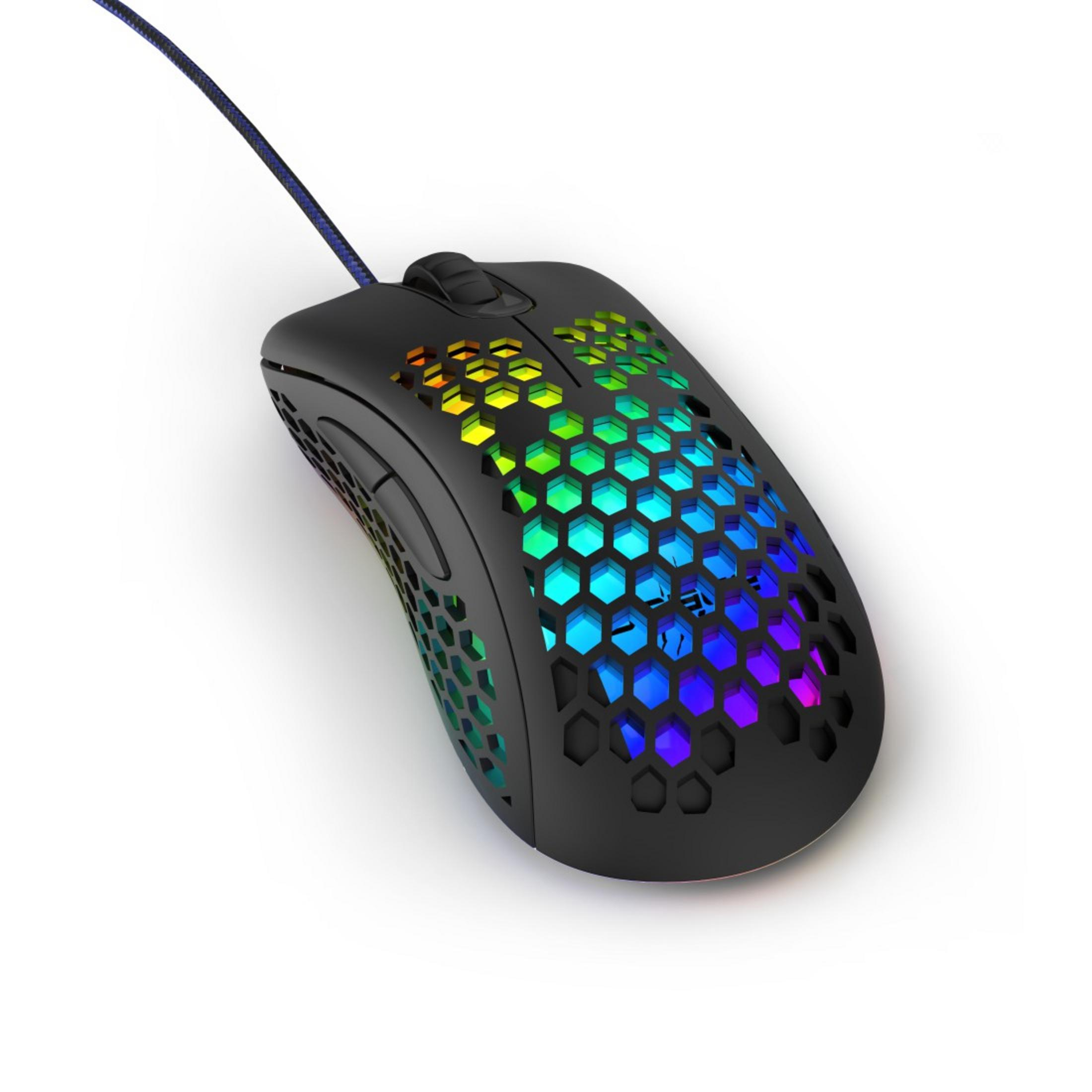 Schwarze Gaming-Maus mit Wabenmuster und RGB-Beleuchtung.