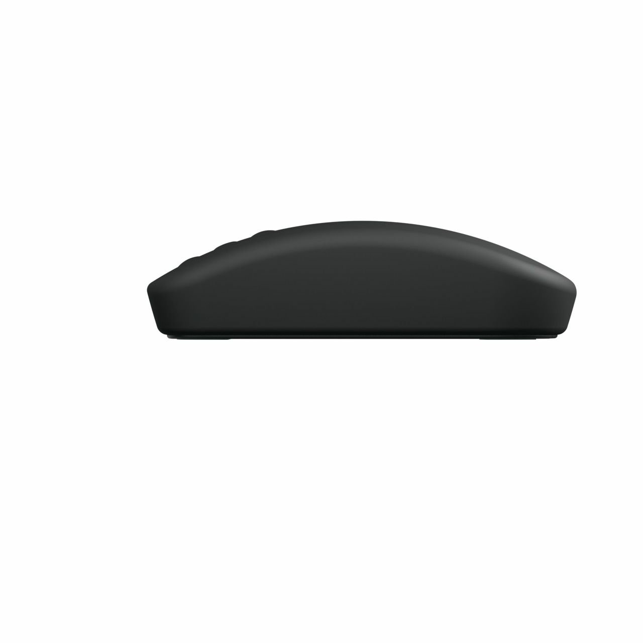 Mouse del computer nero. Vista laterale, con la parte superiore curva. Sfondo bianco.