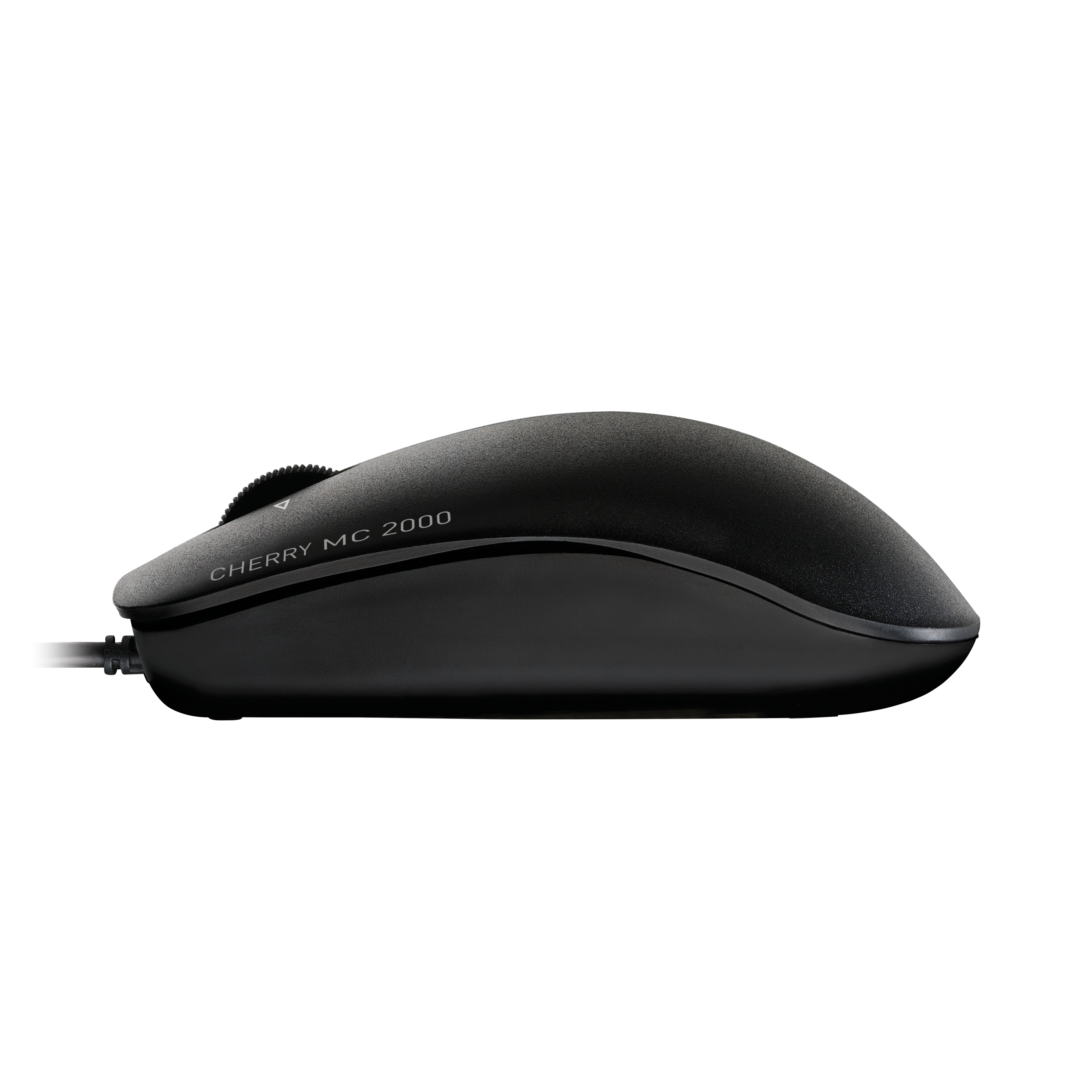 Black mouse, side view. Cherry MC 2000 text. Scroll wheel at the top.