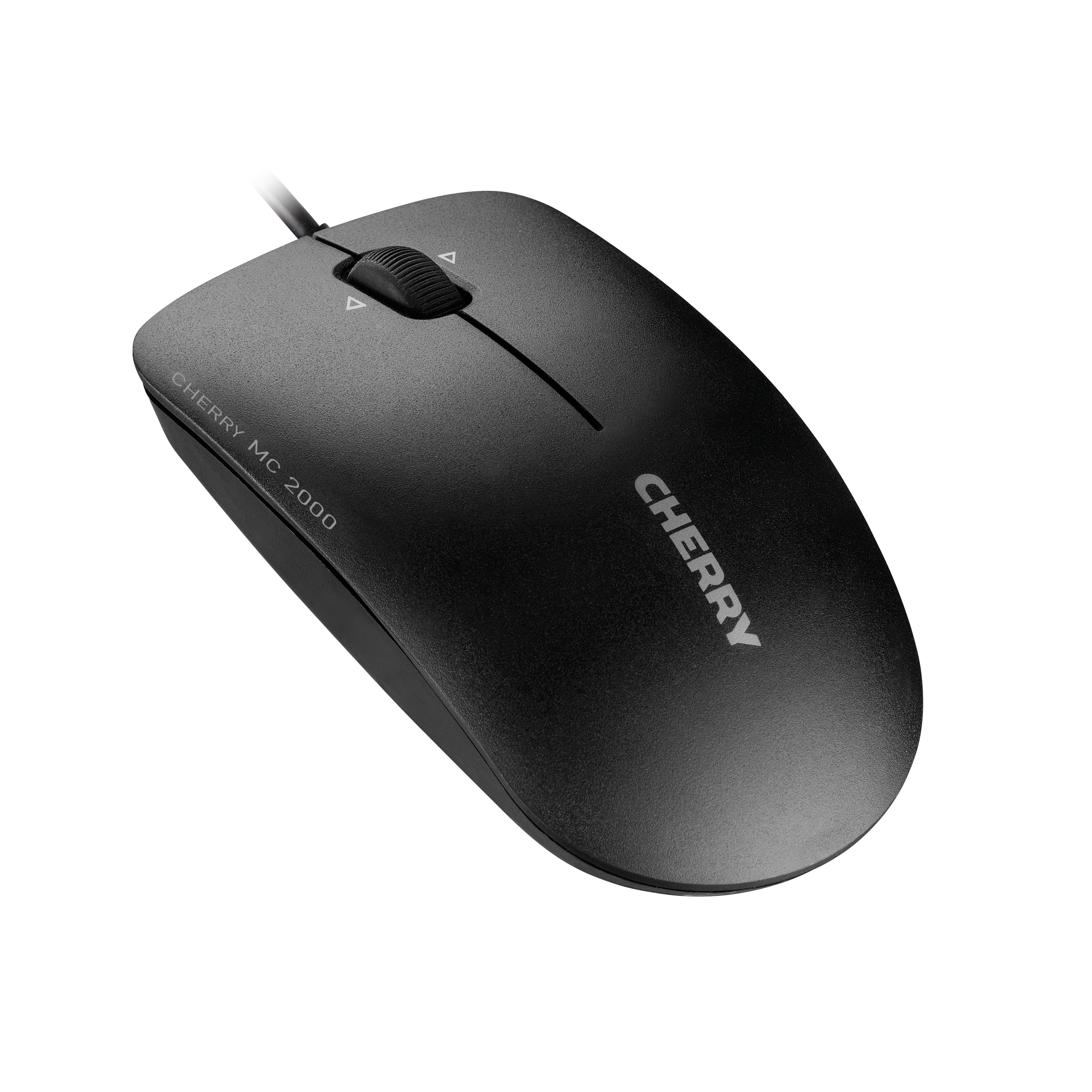A black mouse with a scroll wheel and the word CHERRY on it.