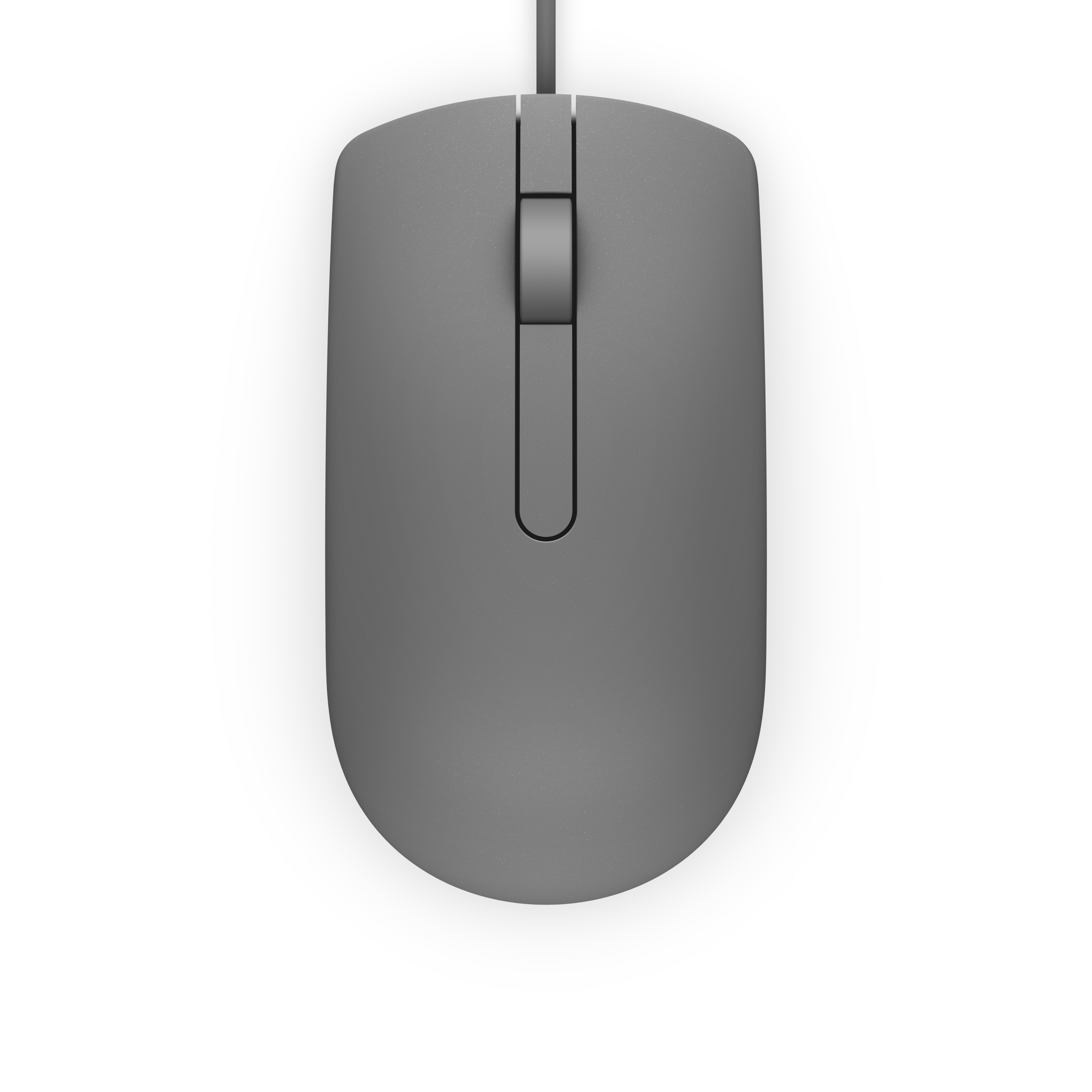 Szara mysz komputerowa, widok z góry, z kółkiem przewijania i kablem. Białe tło.