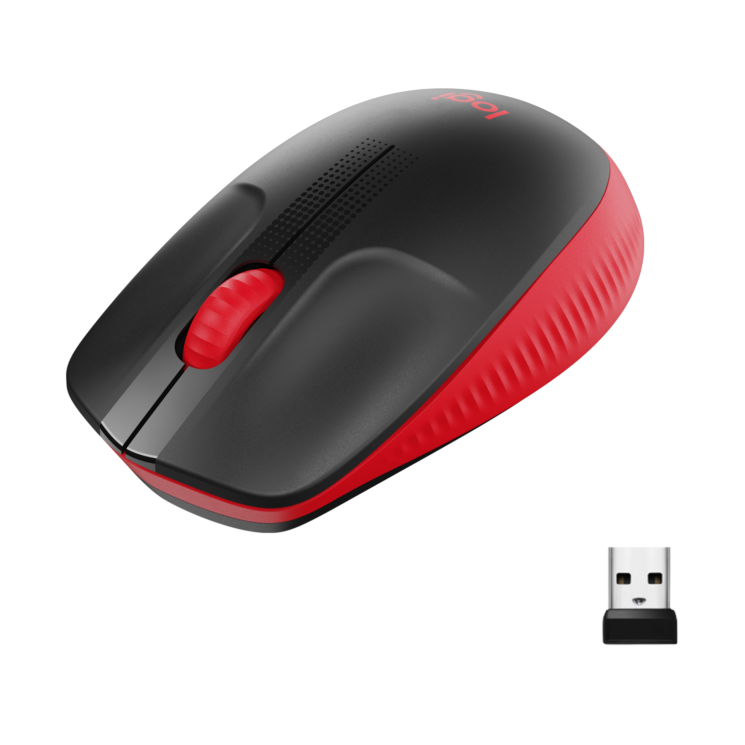 Black and red wireless mouse with a USB receiver. The brand name is Logi.