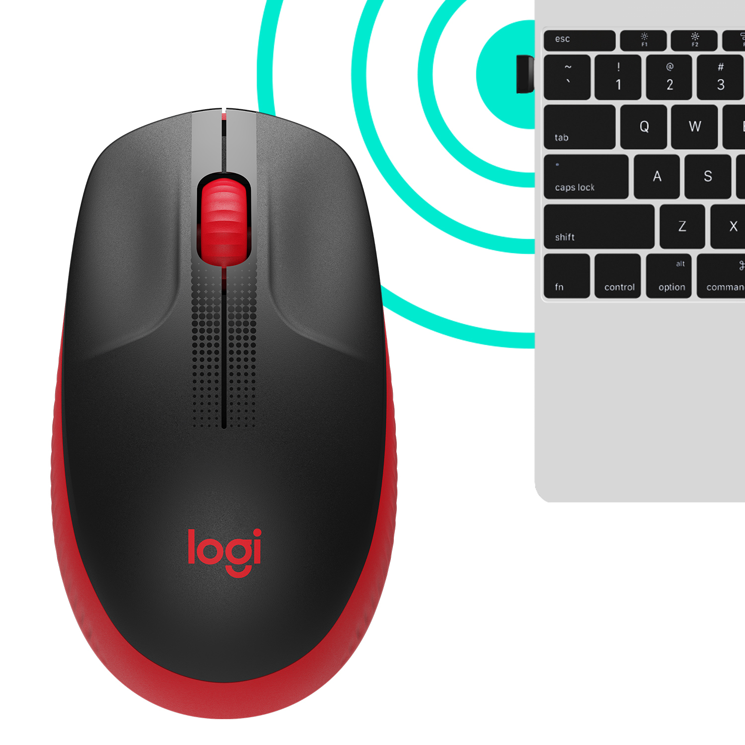 Red and black computer mouse next to a keyboard.
