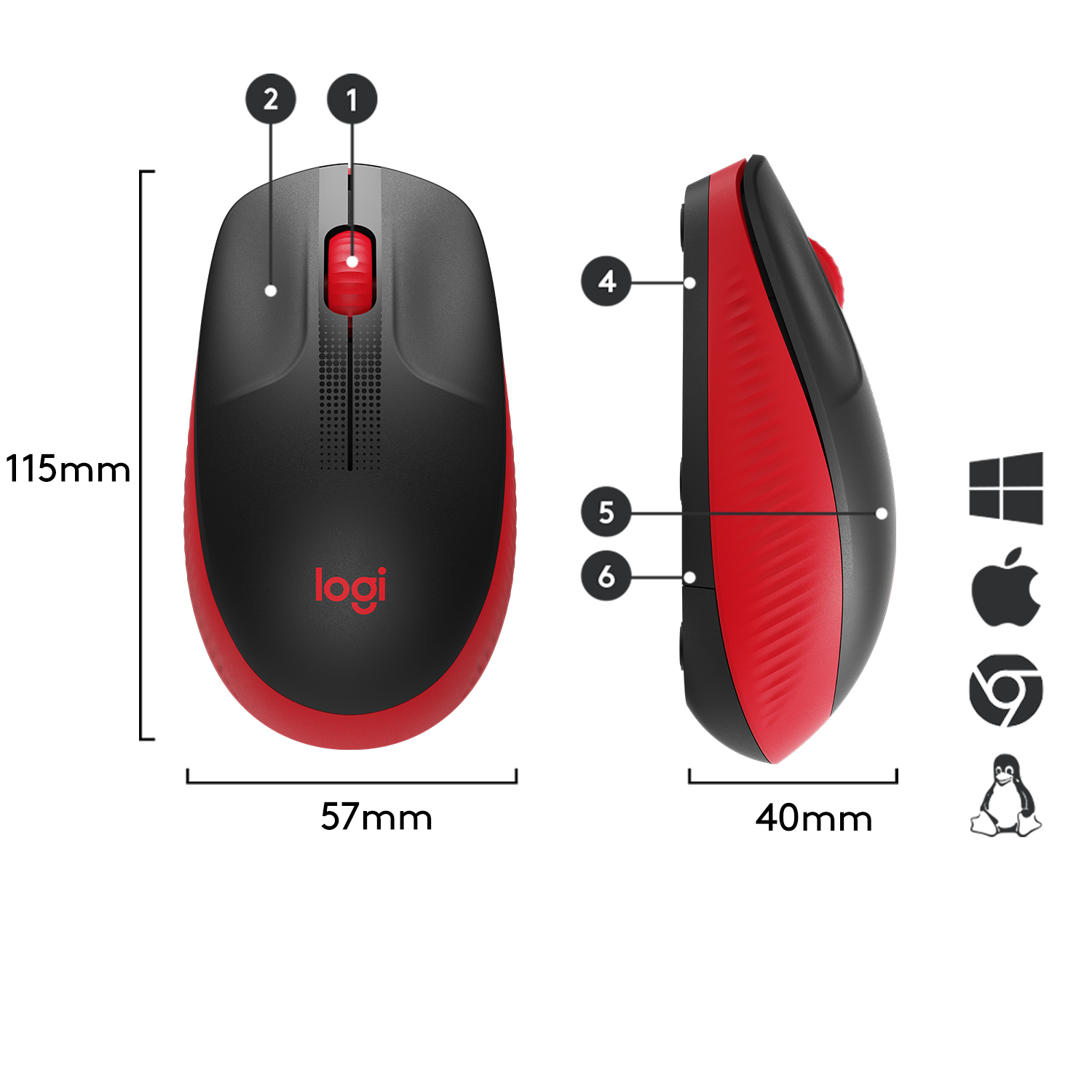A black and red computer mouse with dimensions and icons, including Windows, Apple, and Linux.