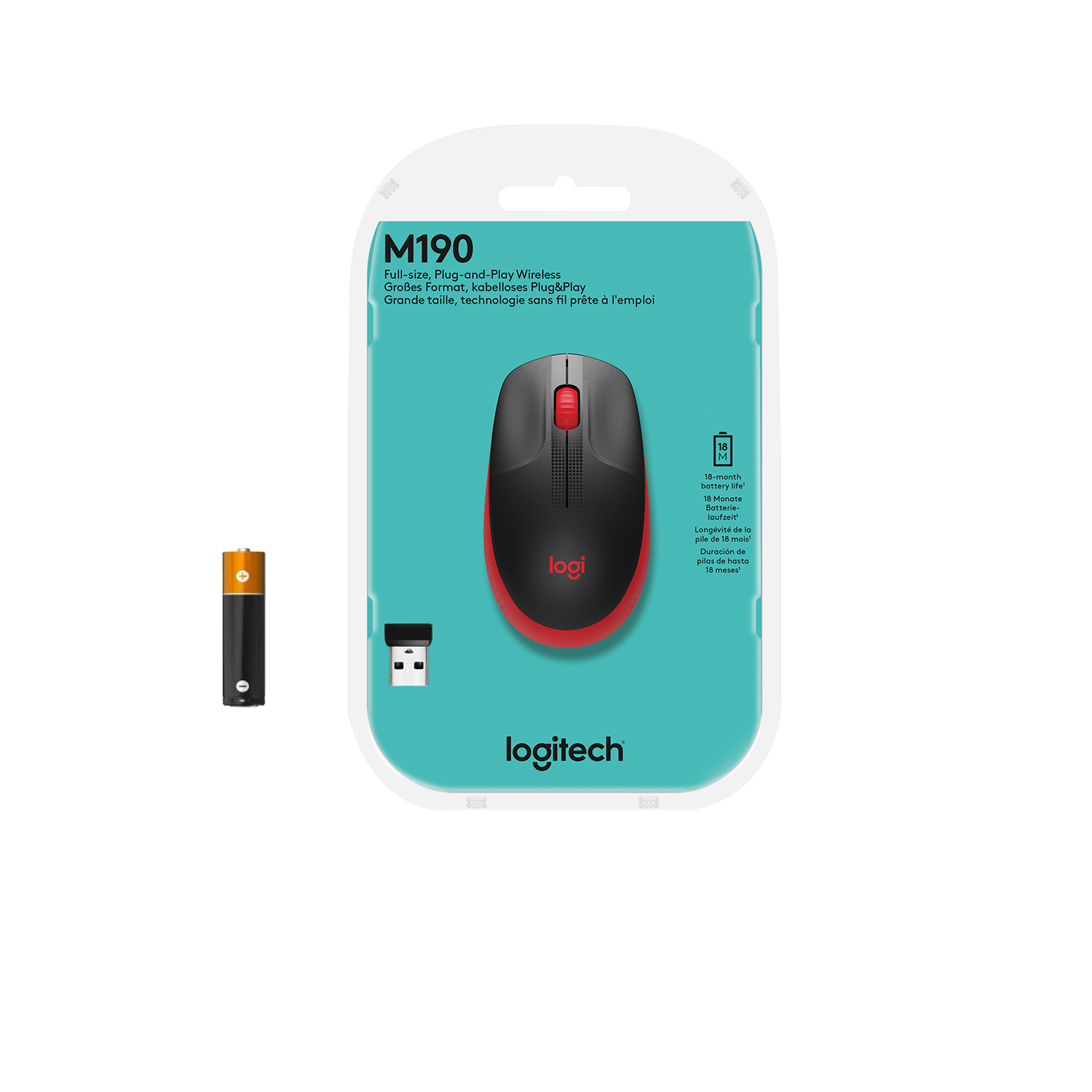 Black and red Logitech M190 wireless mouse in packaging. A battery and receiver are present.