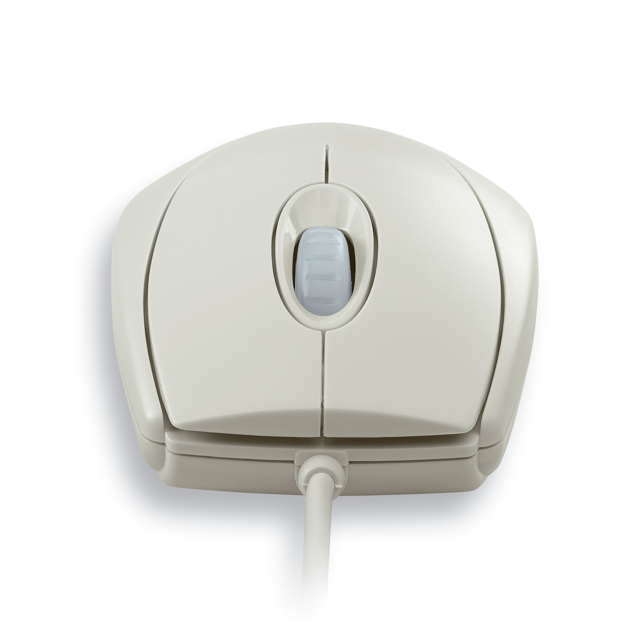 Cream-colored mouse with a cable, top view, on white background.