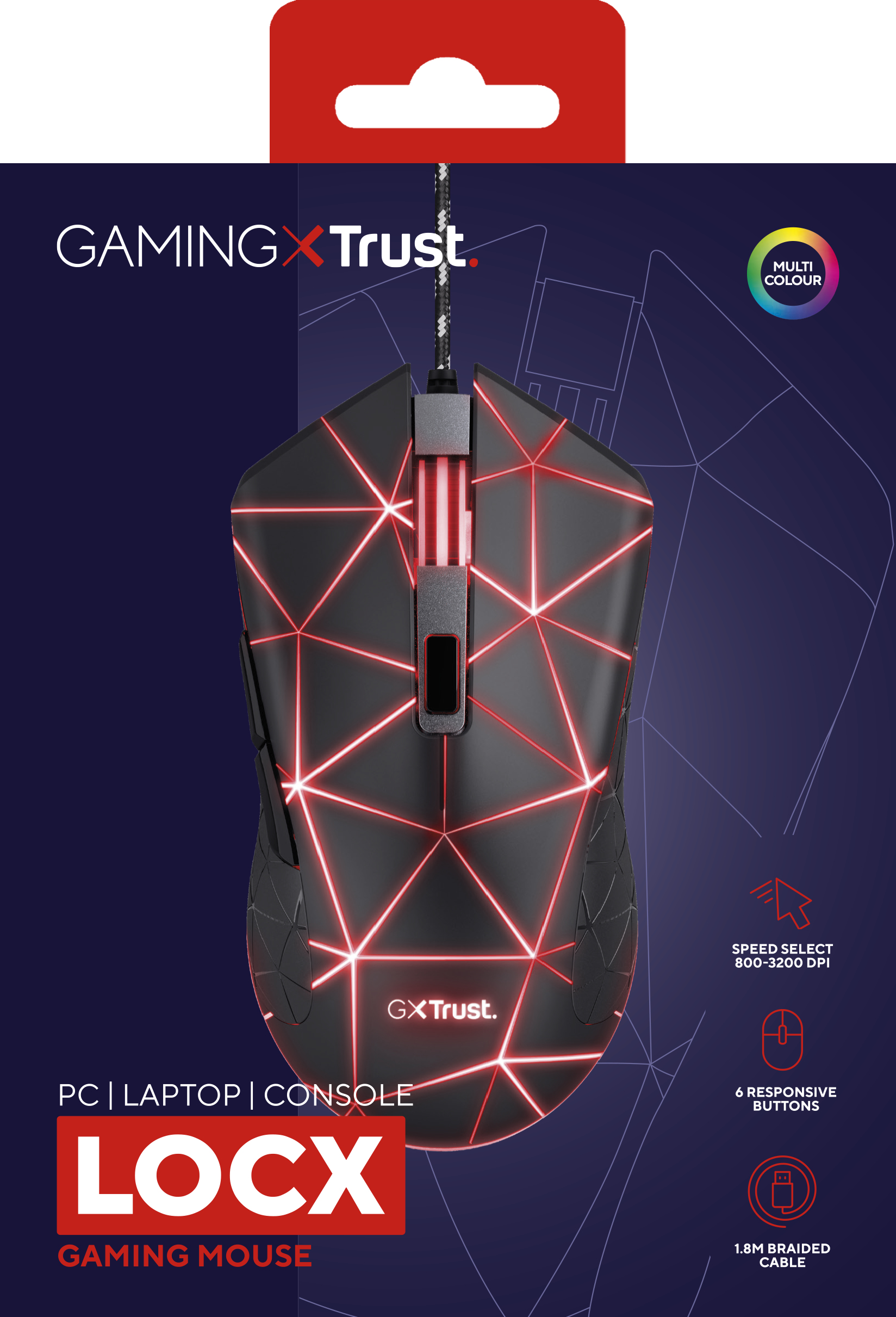 Black gaming mouse with red light patterns. Has red accents and logo. Box shows buttons and cable info.