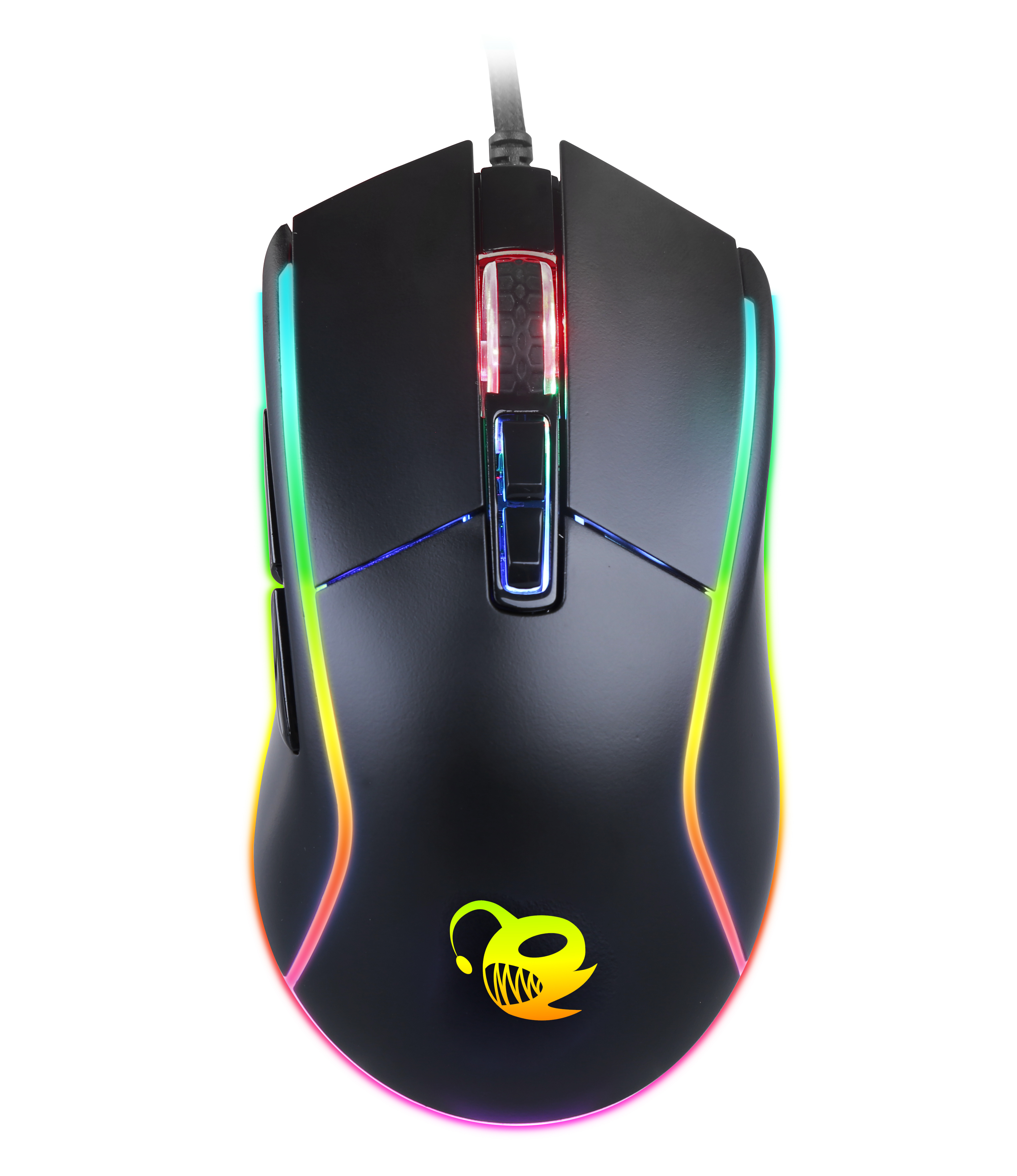 Mouse da gaming nero con vivace luce RGB sui bordi e sfondo bianco.