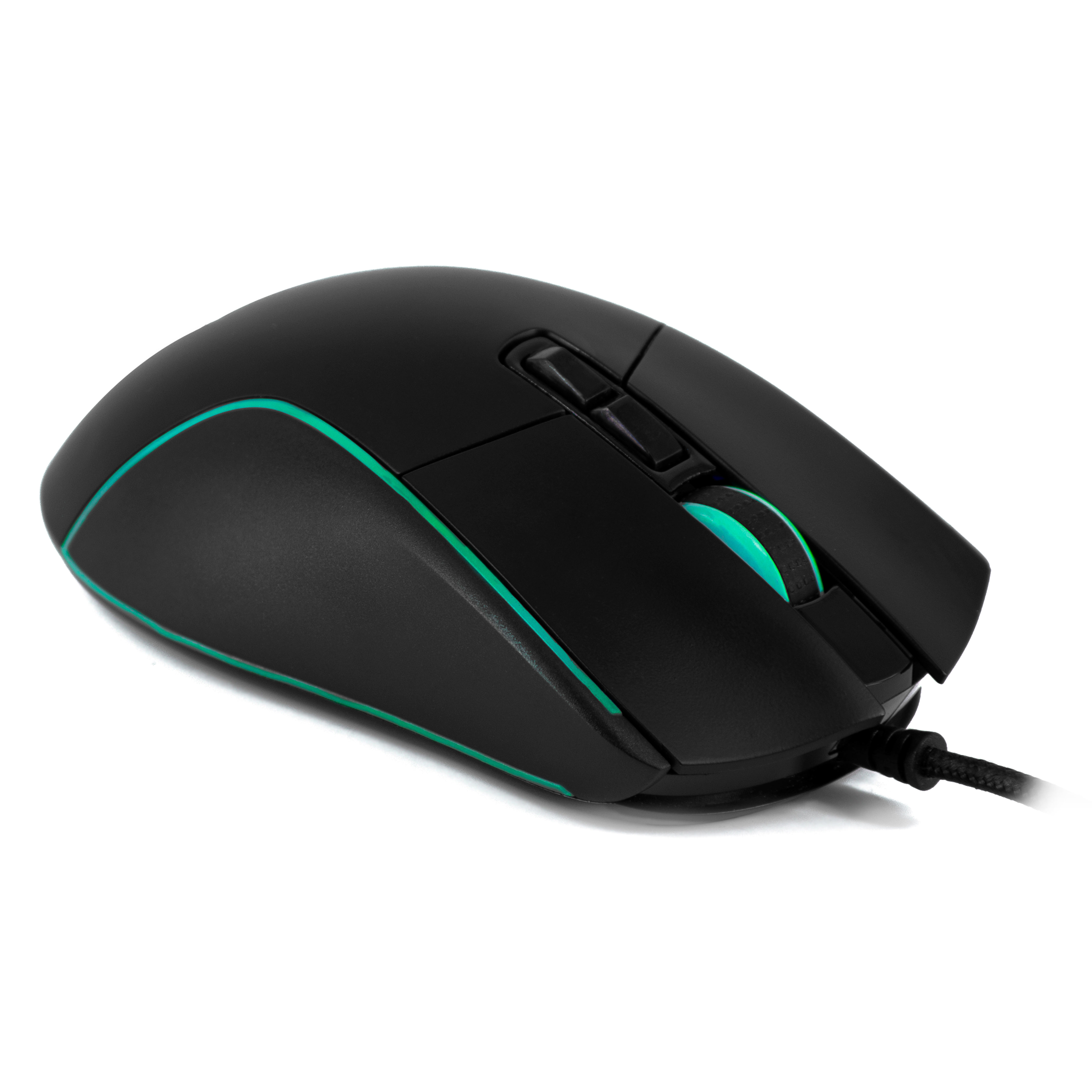 Mouse gaming nero con luci laterali verdi e un cavo nero.