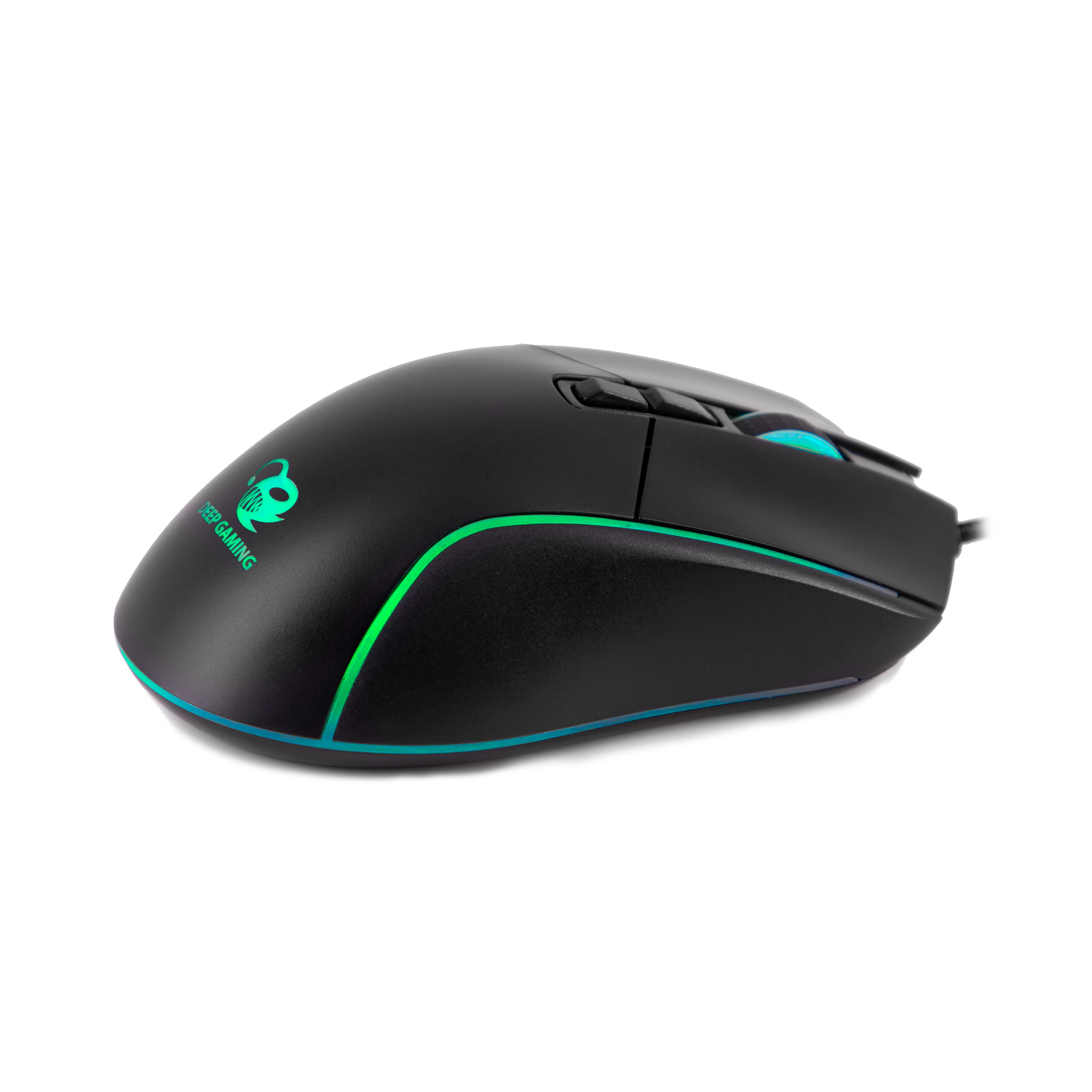 Mouse da gioco nero con luci verdi e blu e un logo. Il mouse ha un cavo.