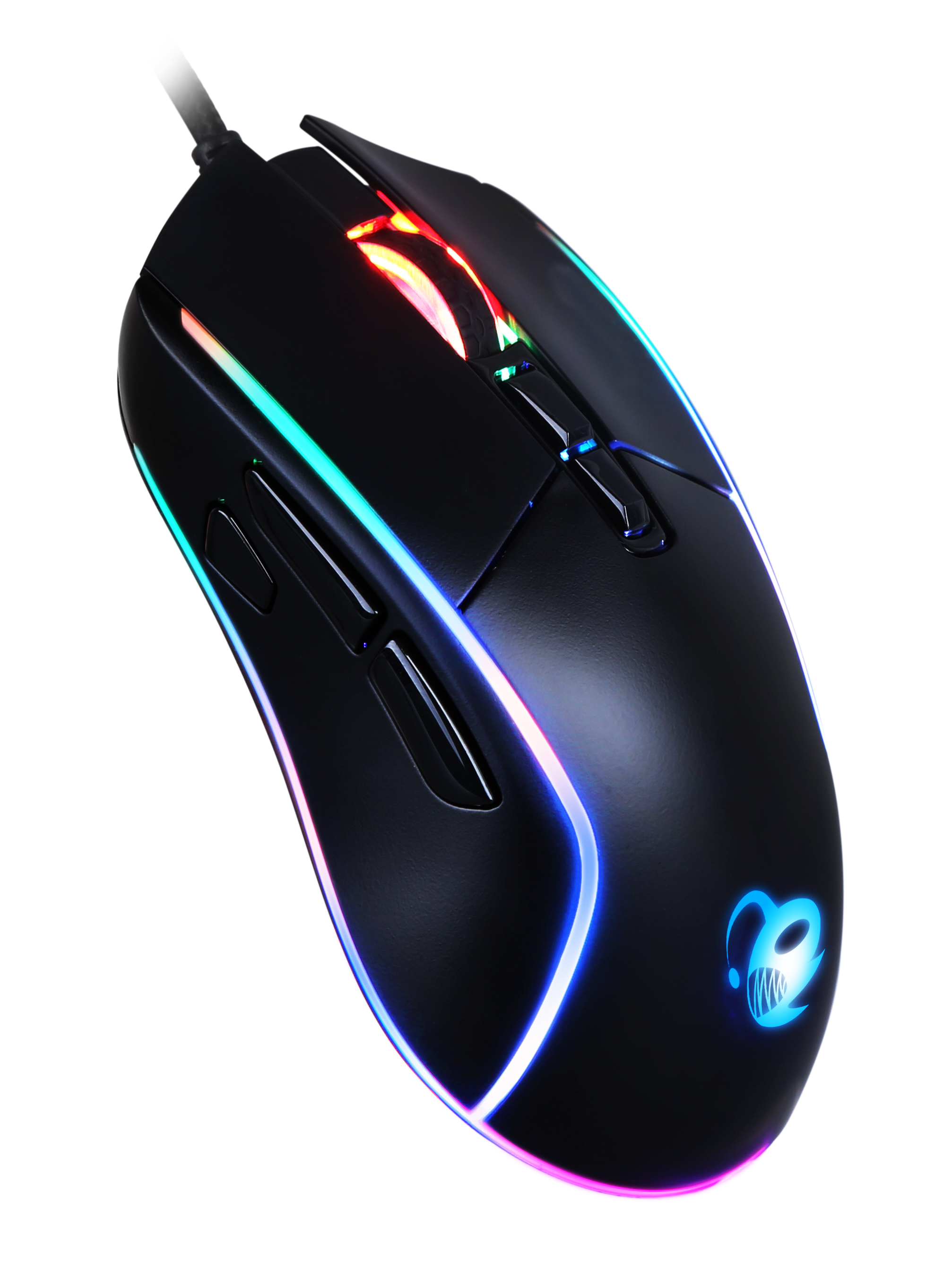 Mouse da gioco nero con illuminazione RGB colorata e pulsanti laterali, isolato su bianco.