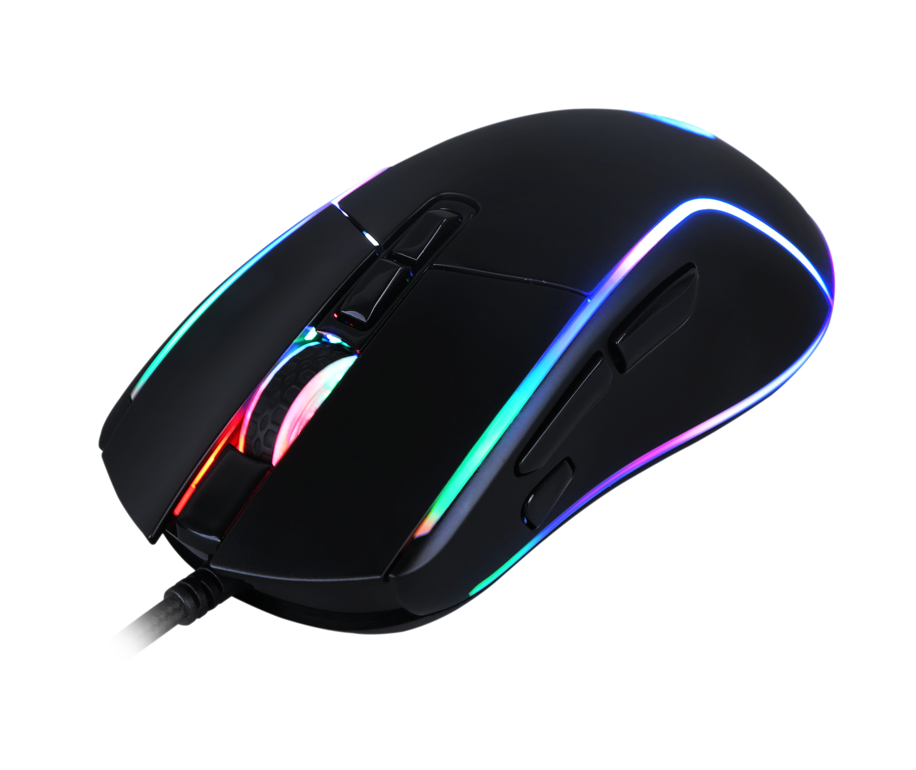 Mouse da gioco nero con luci multicolore, il cavo è visibile.