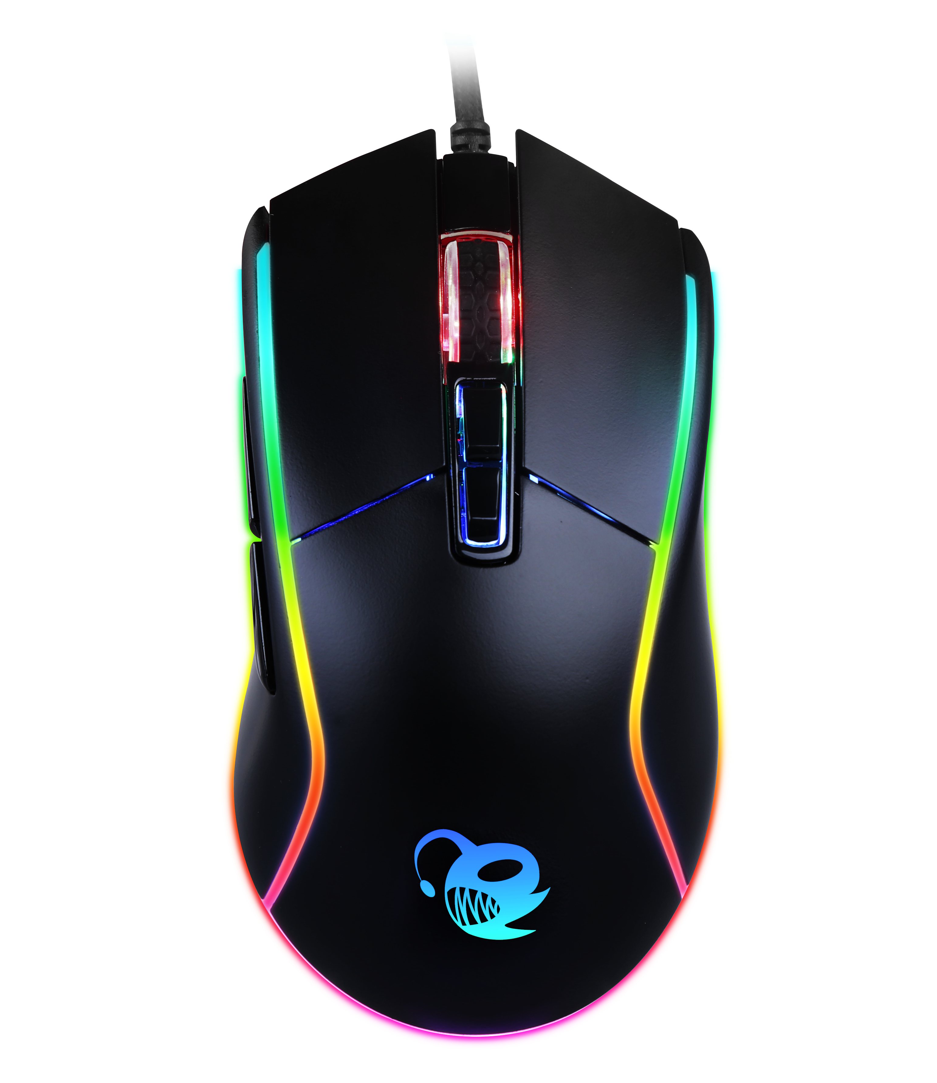 Mouse da gioco nero con illuminazione RGB, un cavo e un logo. Il mouse è su sfondo bianco.