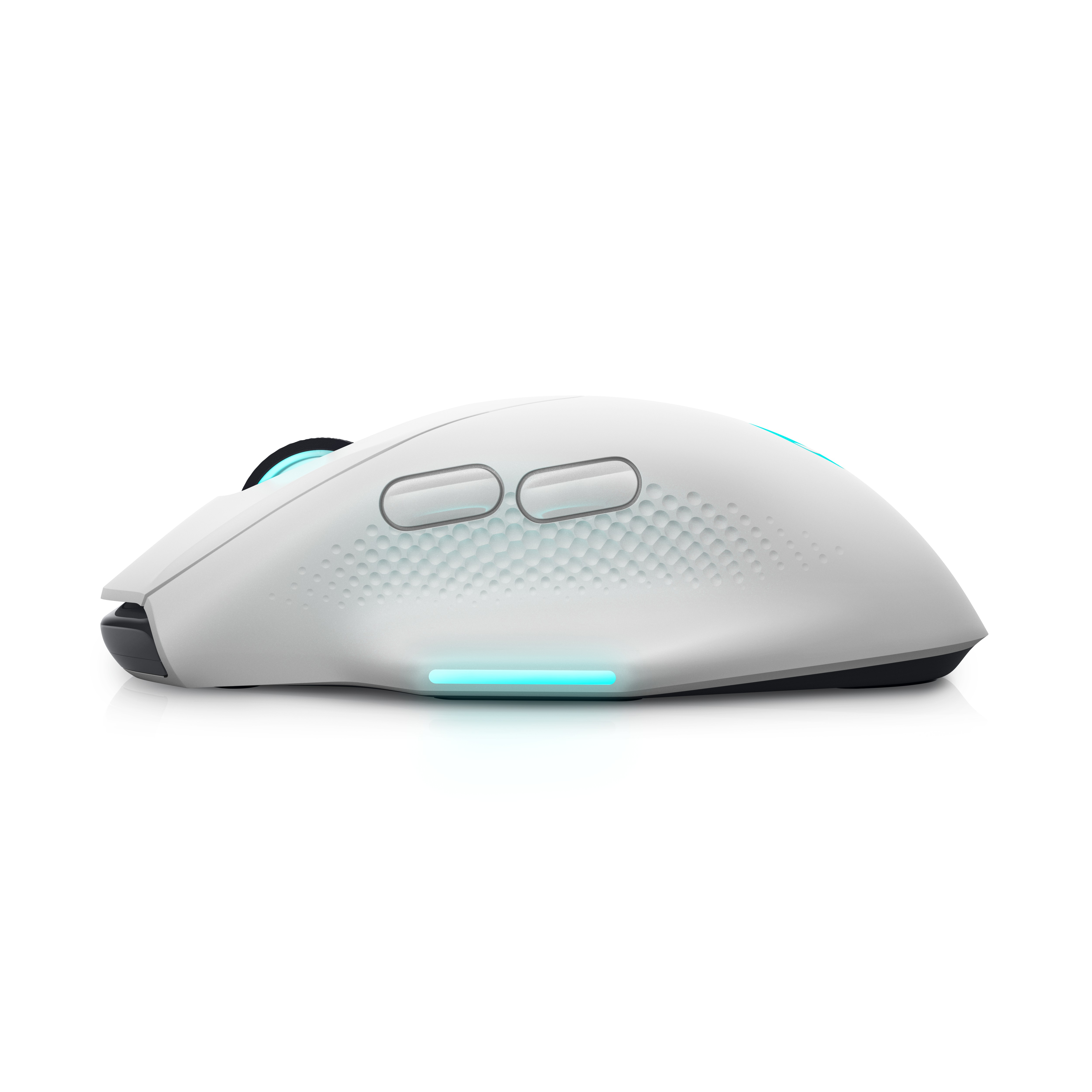 Biała mysz komputerowa z dwoma przyciskami i światłem.