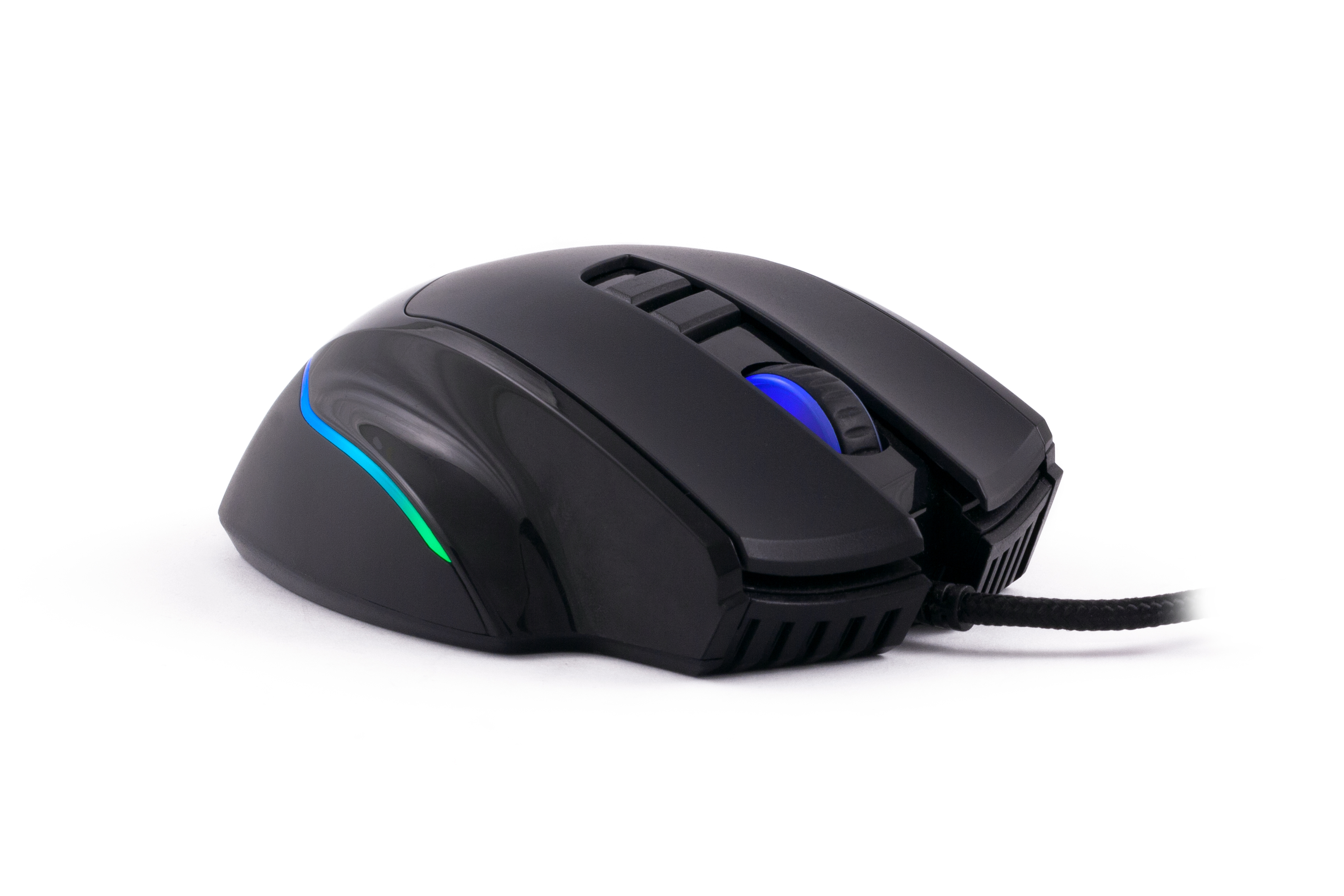 Czarna mysz do gier z niebieskimi i zielonymi akcentami. Mysz ma kółko przewijania i pleciony kabel.