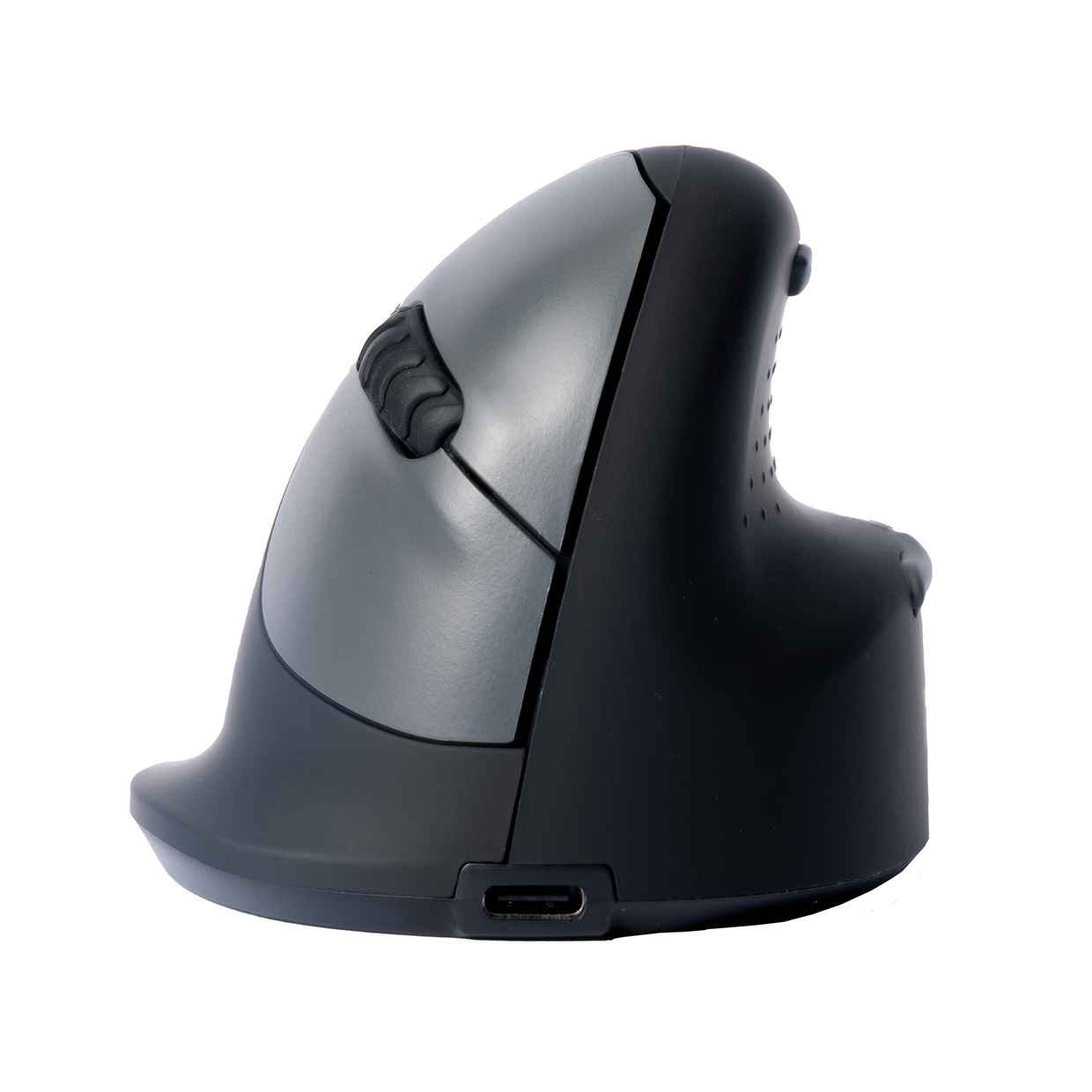 Graue und schwarze ergonomische Maus. Die Maus hat eine Seitentaste und ein Scrollrad.