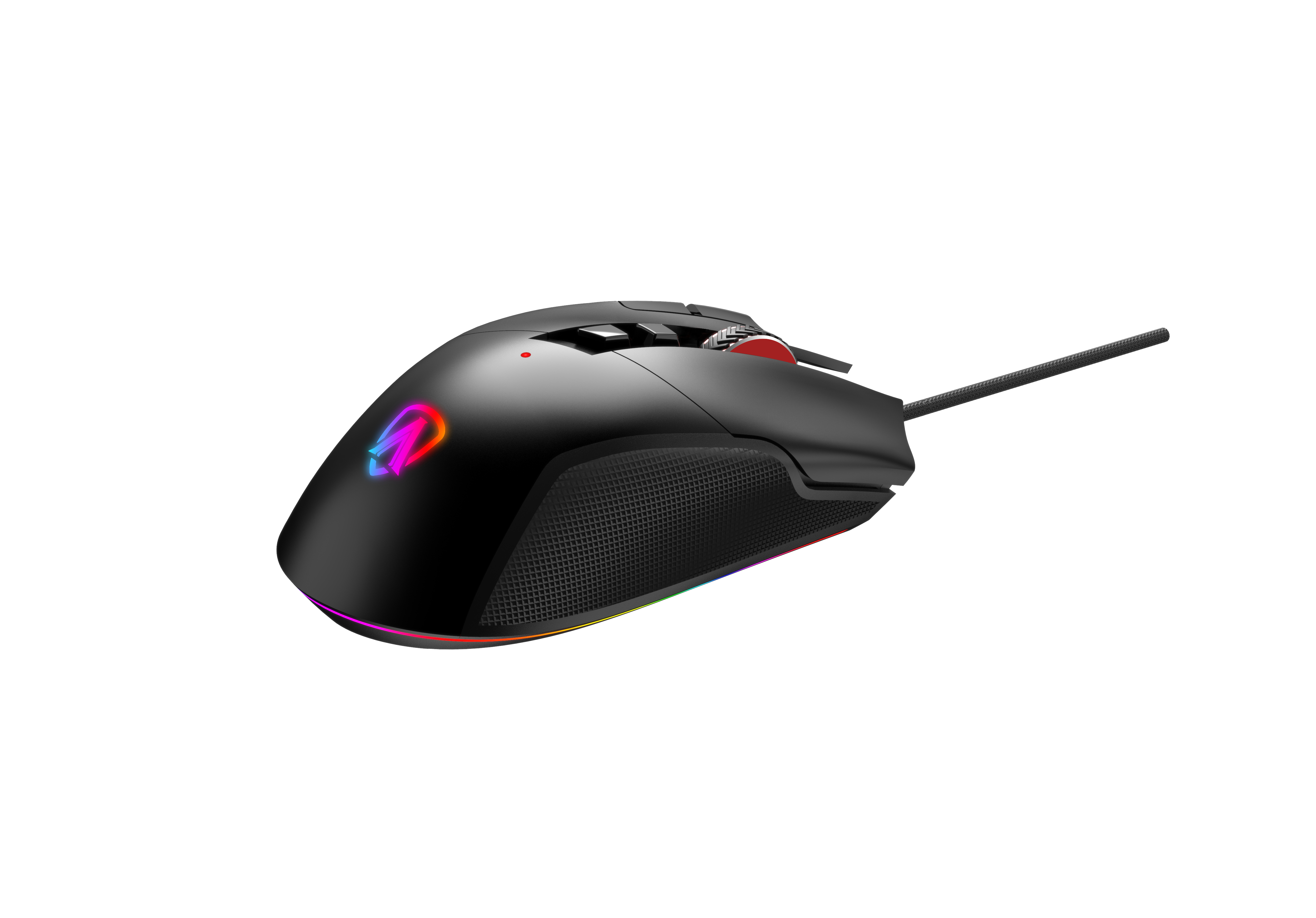 Czarna mysz do gier z logo i czerwonym światłem. Ma kabel i znajduje się na białym tle.