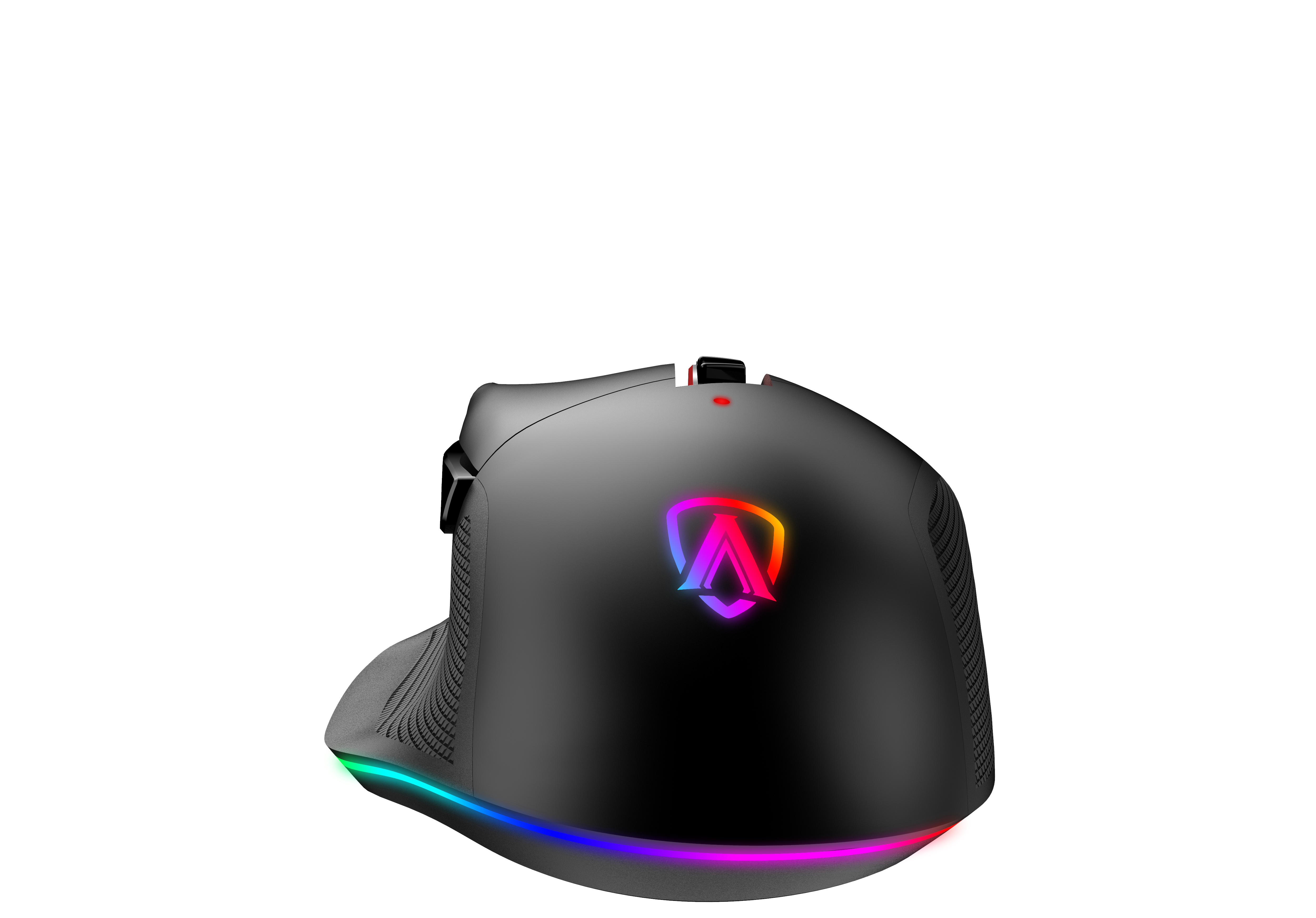 Czarna mysz gamingowa z podświetlanym logo. Mysz ma elegancki design i kolorowe światła.