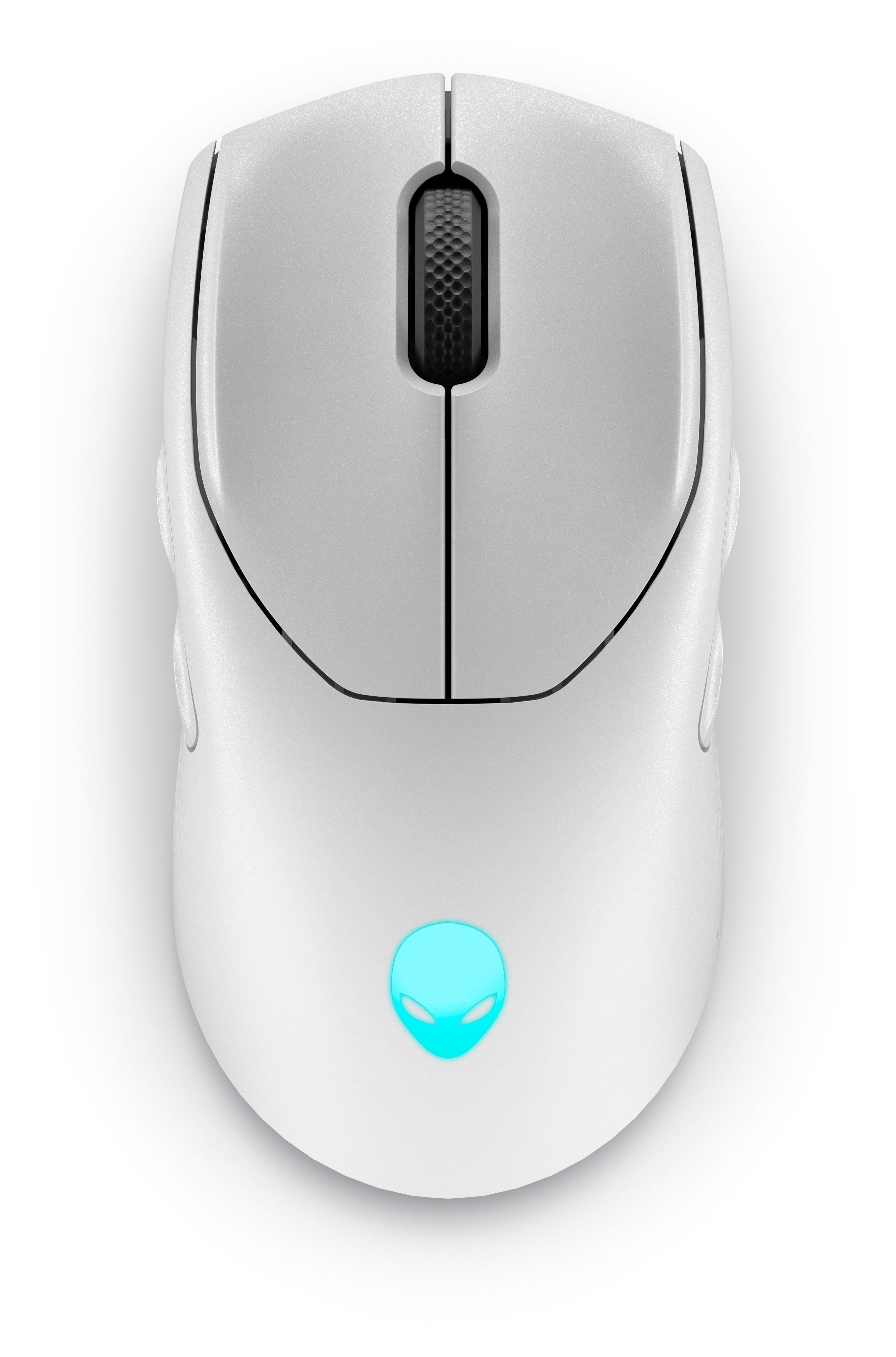 Een witte computermuis met blauw licht.