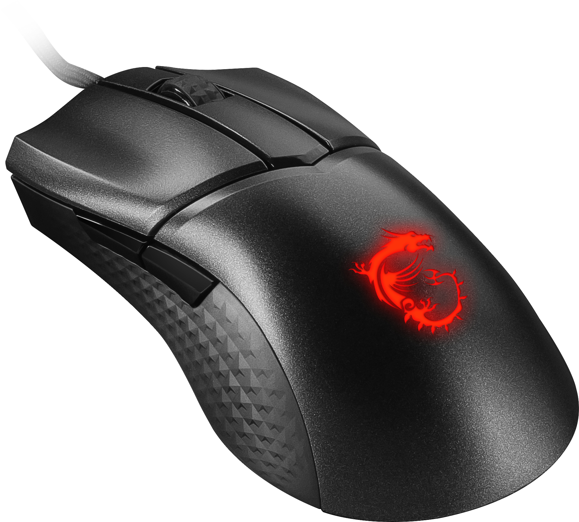 Ratón gaming negro con un logo rojo en la parte superior. Está sobre un fondo blanco.