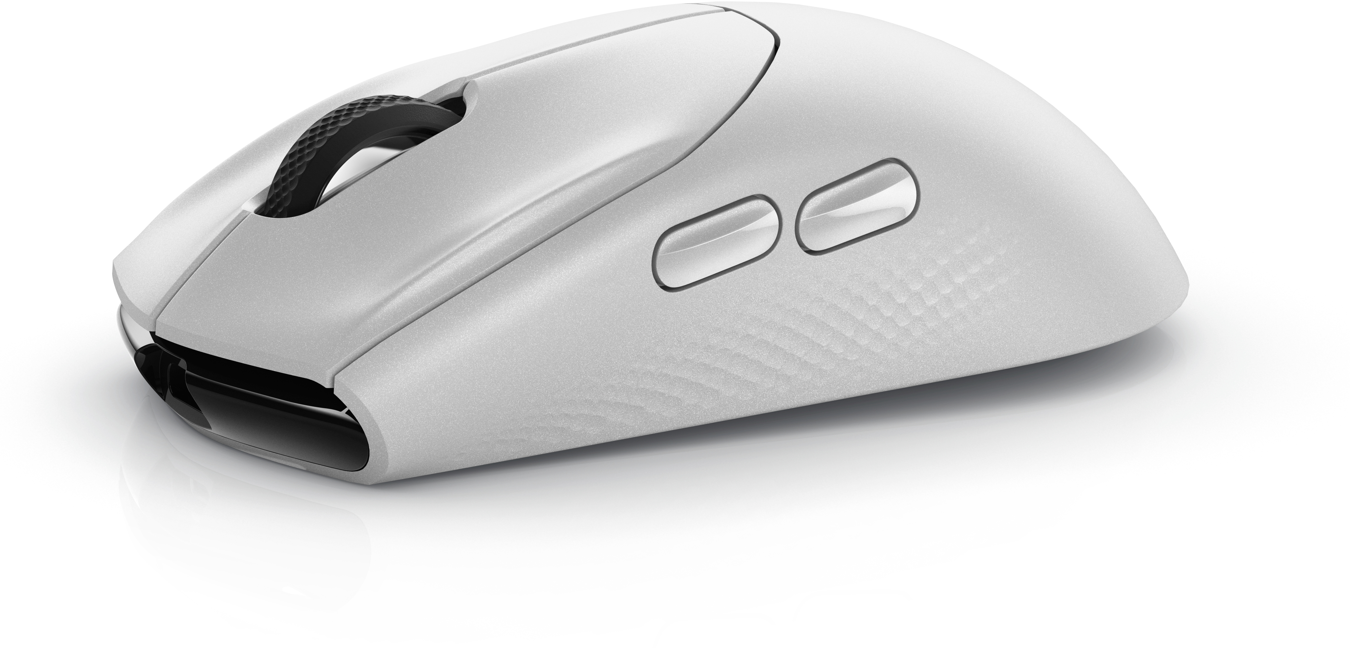 Een witte computermuis met knoppen en een scrollwiel op een witte achtergrond.
