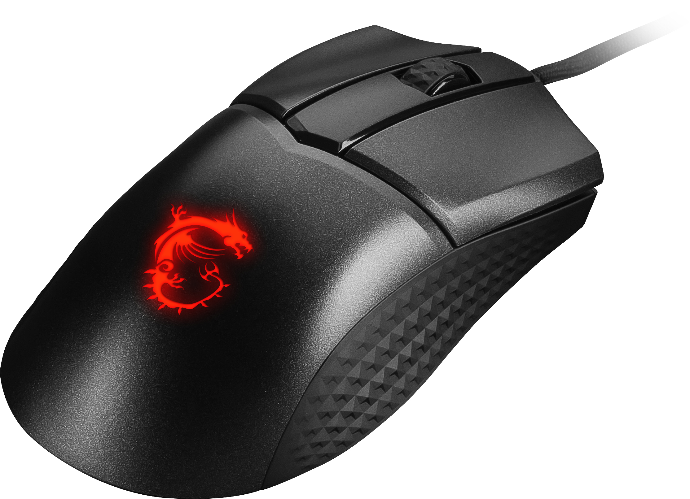 Ratón gaming negro con un logo de dragón rojo. Presenta un diseño texturizado.