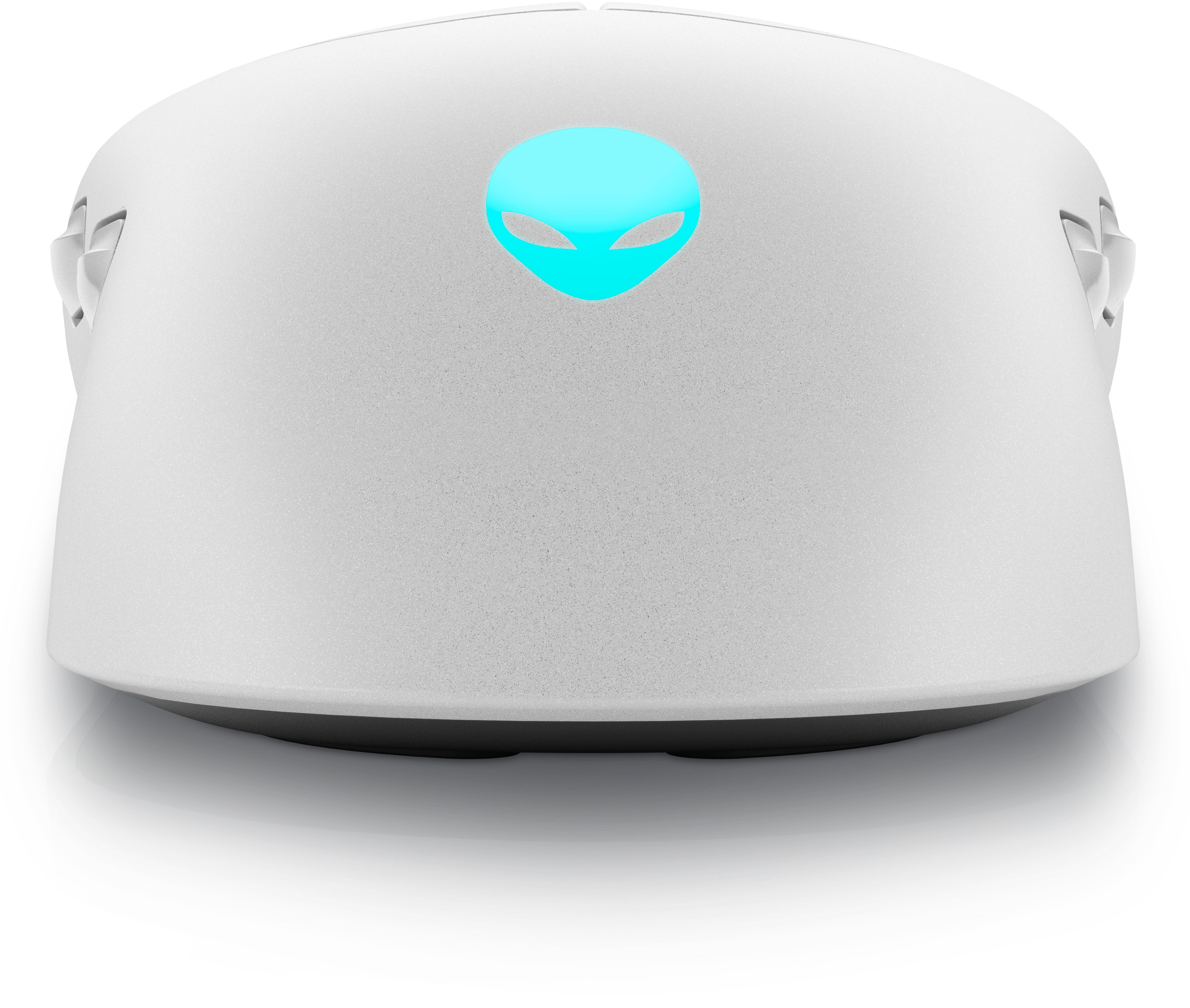 Witte alien muis met blauw oogl-vormig logo, van bovenaf. Zwarte basis.