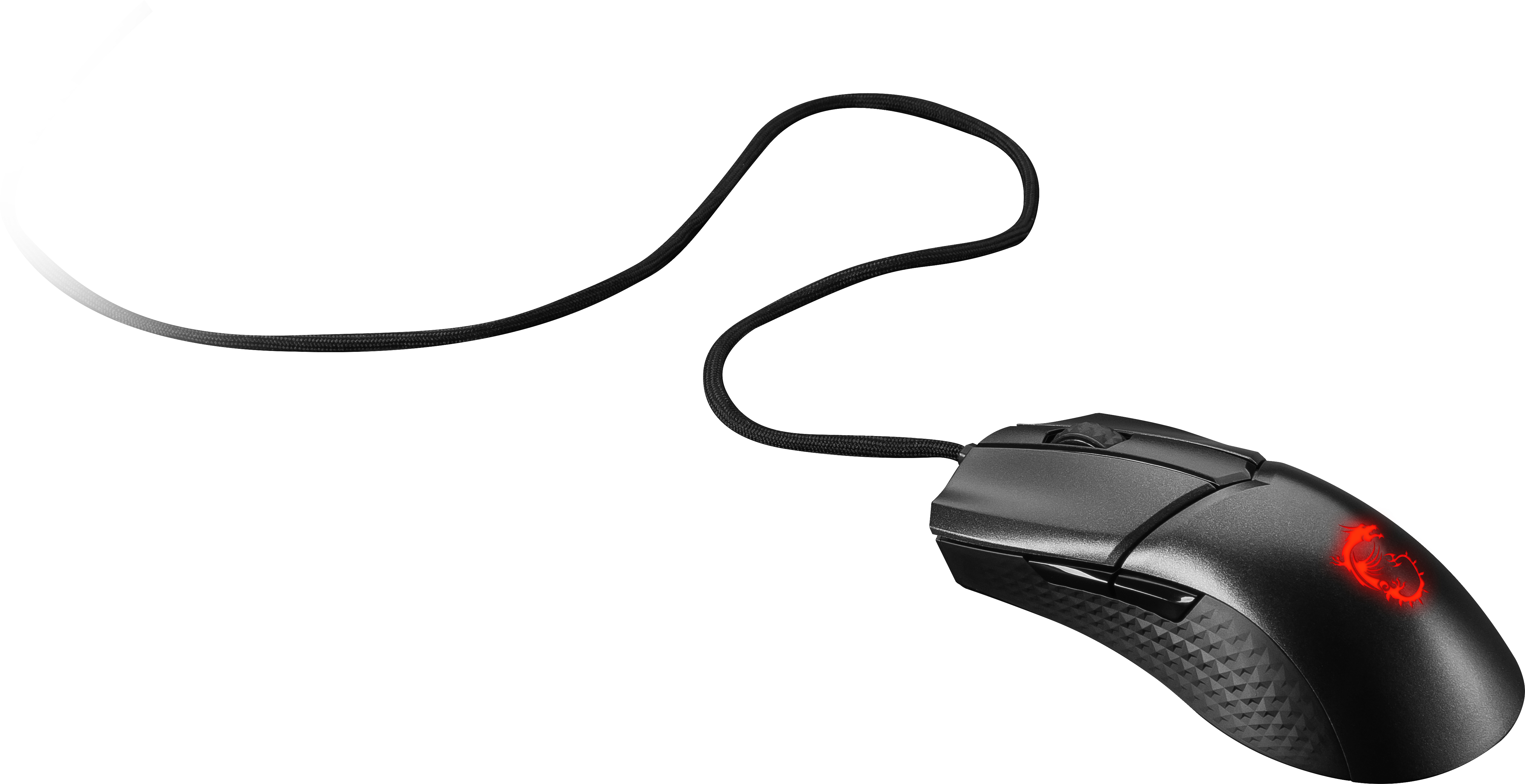 Ratón gaming negro con cable y luz roja. Está sobre fondo blanco.