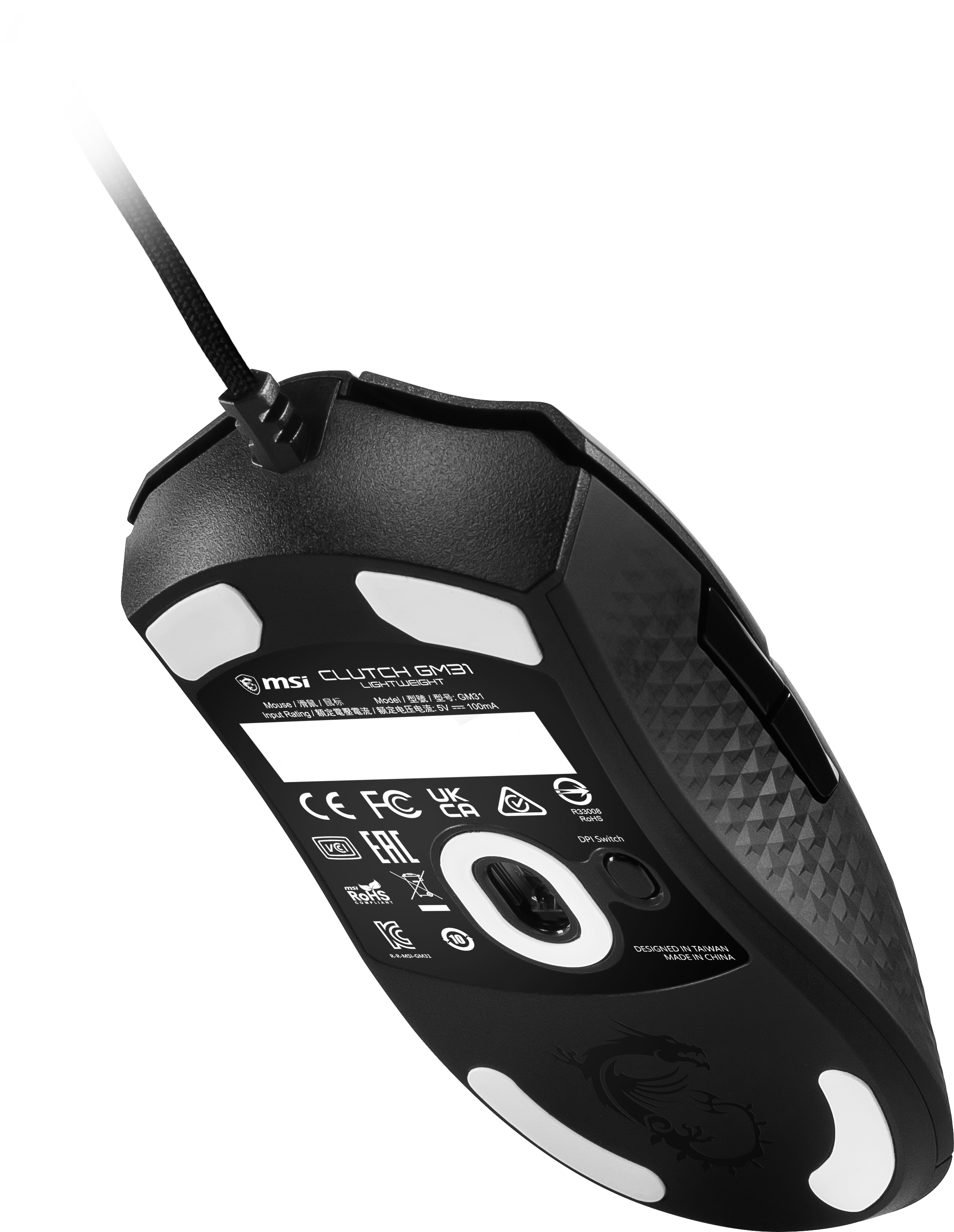 Parte inferior de un ratón gaming negro. Tiene almohadillas blancas y el logo de MSI. En un fondo blanco.