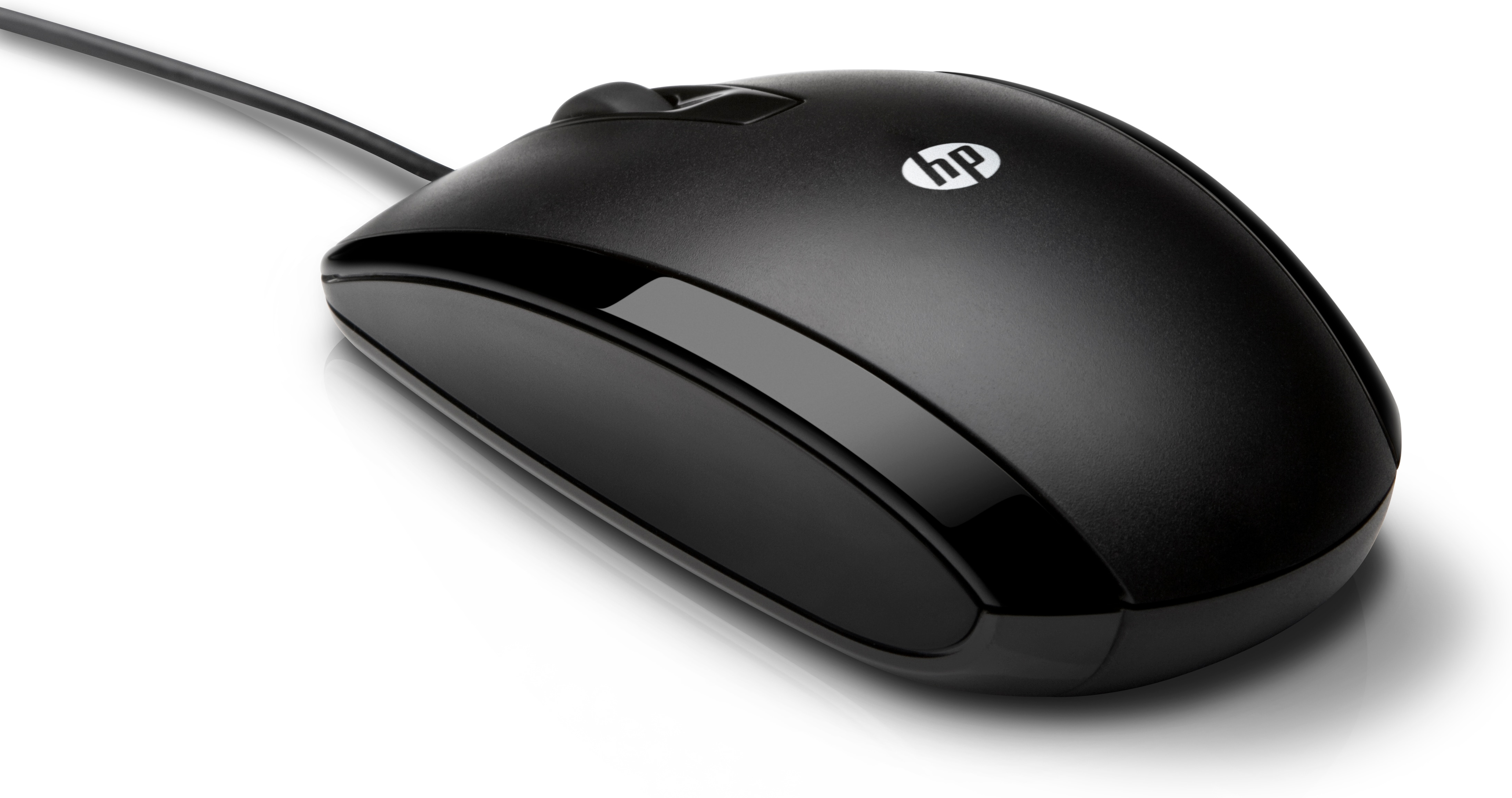 Souris HP noire avec dessus brillant et câble noir. Logo HP visible.