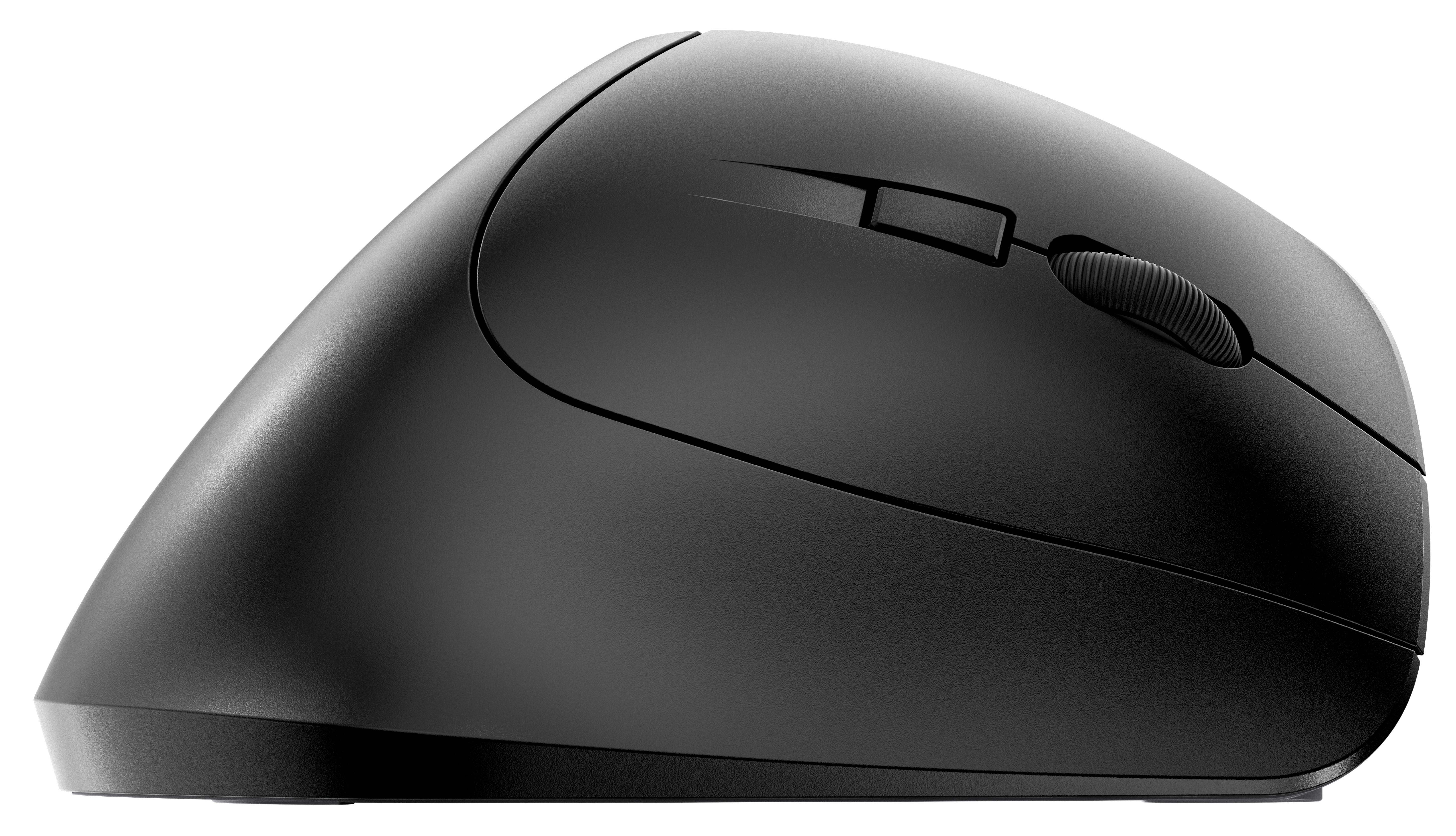 Black ergonomic computer mouse, side profile view, with a scroll wheel.