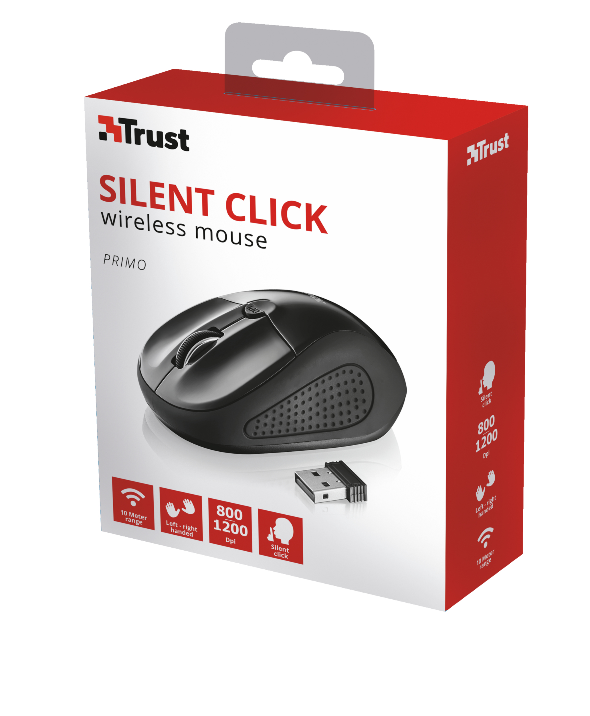 Pudełko pokazujące czarną mysz bezprzewodową Trust Silent Click i jej funkcje, w tym DPI i zasięg.