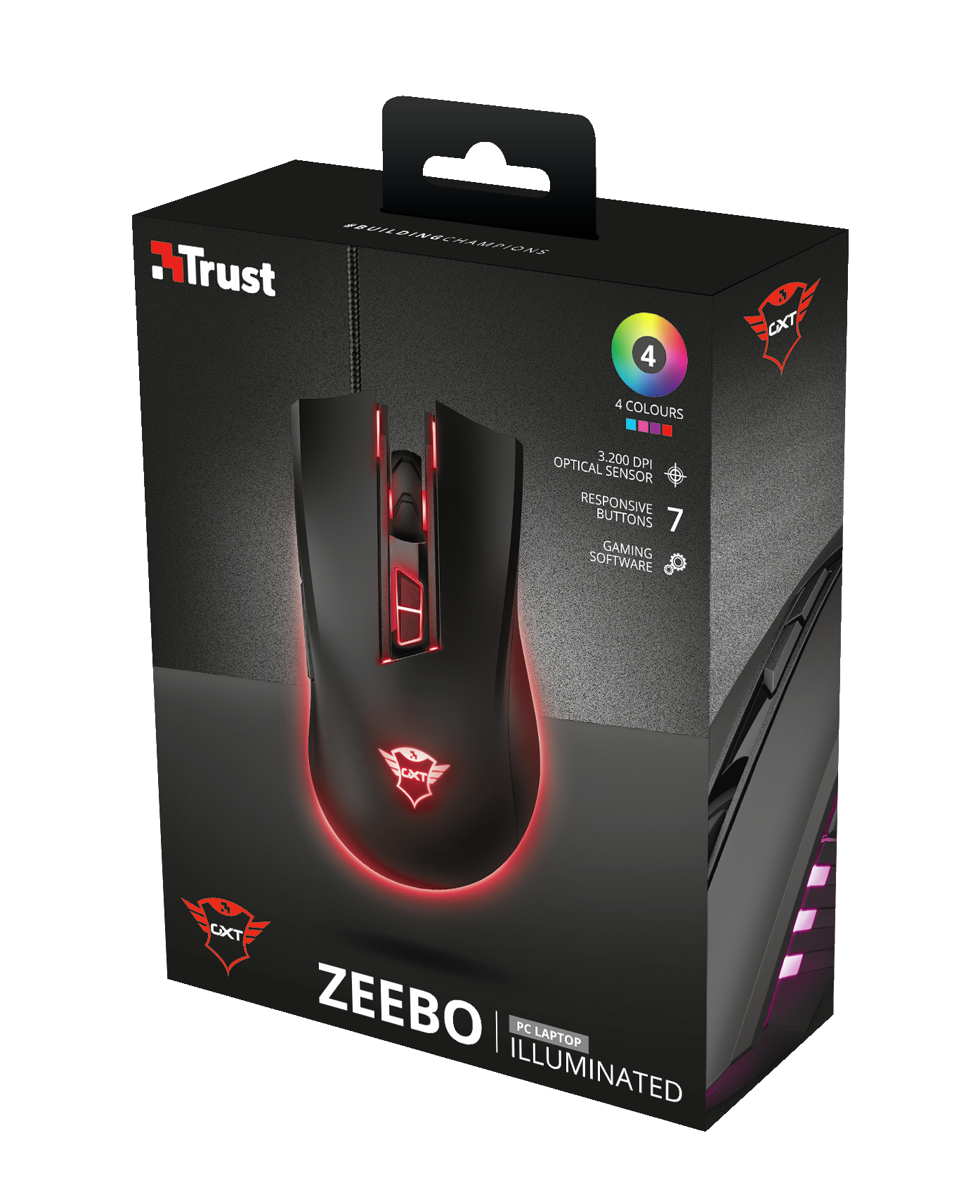 Mouse da gaming Trust nero nella sua scatola. Scatola con testo e maniglia. Mouse con dettagli rossi.