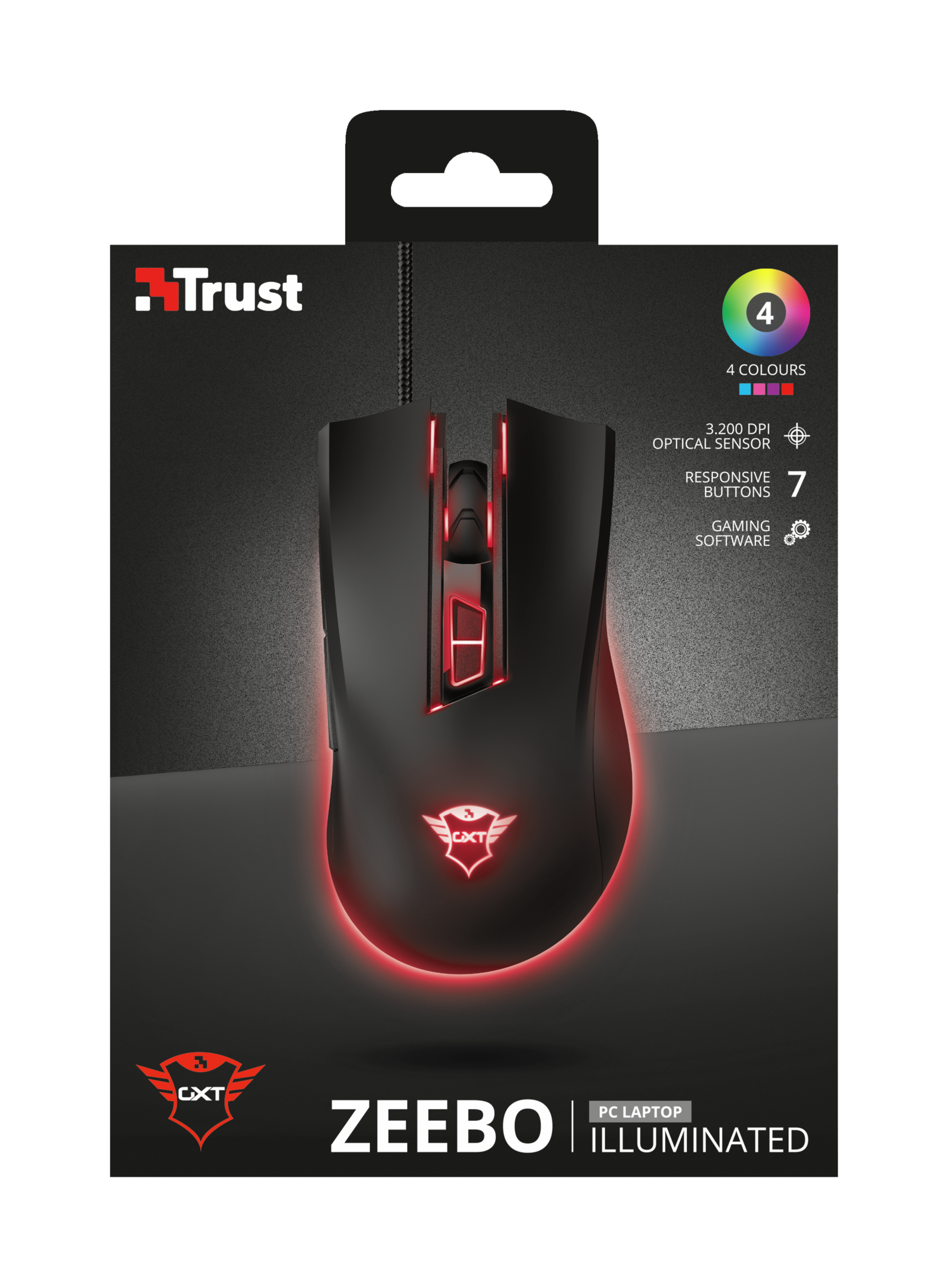 Scatola di un mouse da gaming nero con luci rosse. La scatola contiene informazioni.