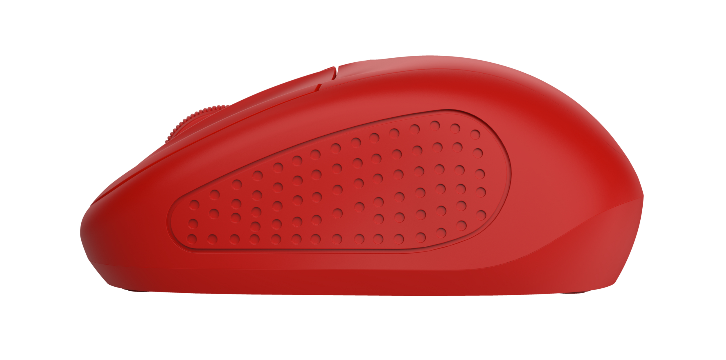 Mouse per computer rosso. Vista laterale, mostra i pulsanti e l'impugnatura strutturata. Isolato su bianco.