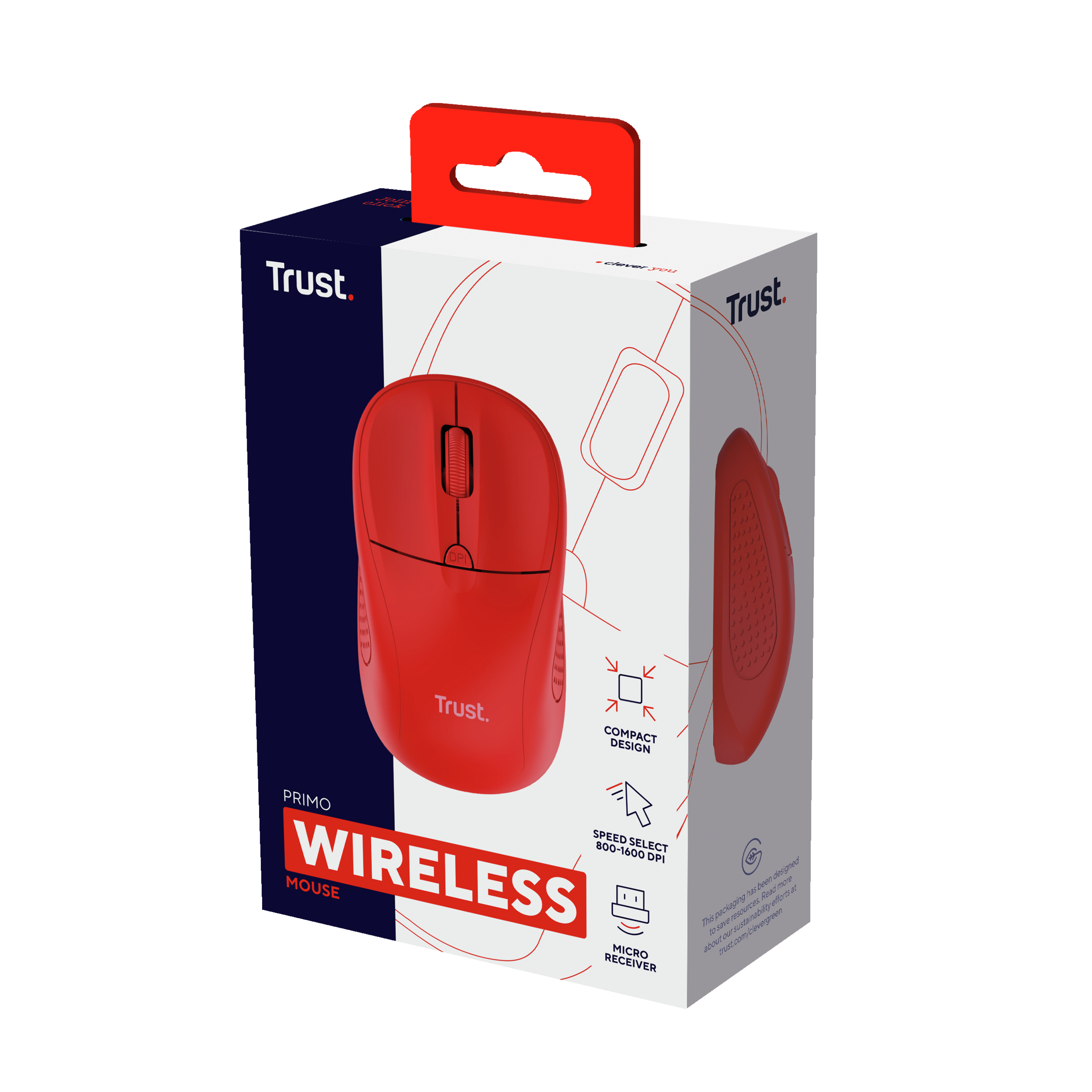 Mouse wireless Trust rosso in una scatola. La scatola mostra il mouse, il ricevitore e le funzioni.