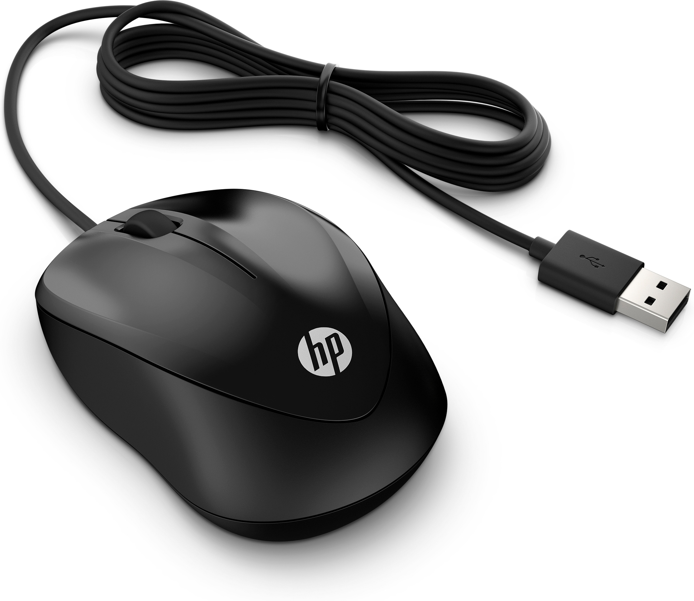 Souris d'ordinateur noire avec un cordon. Montre la souris et le connecteur USB.