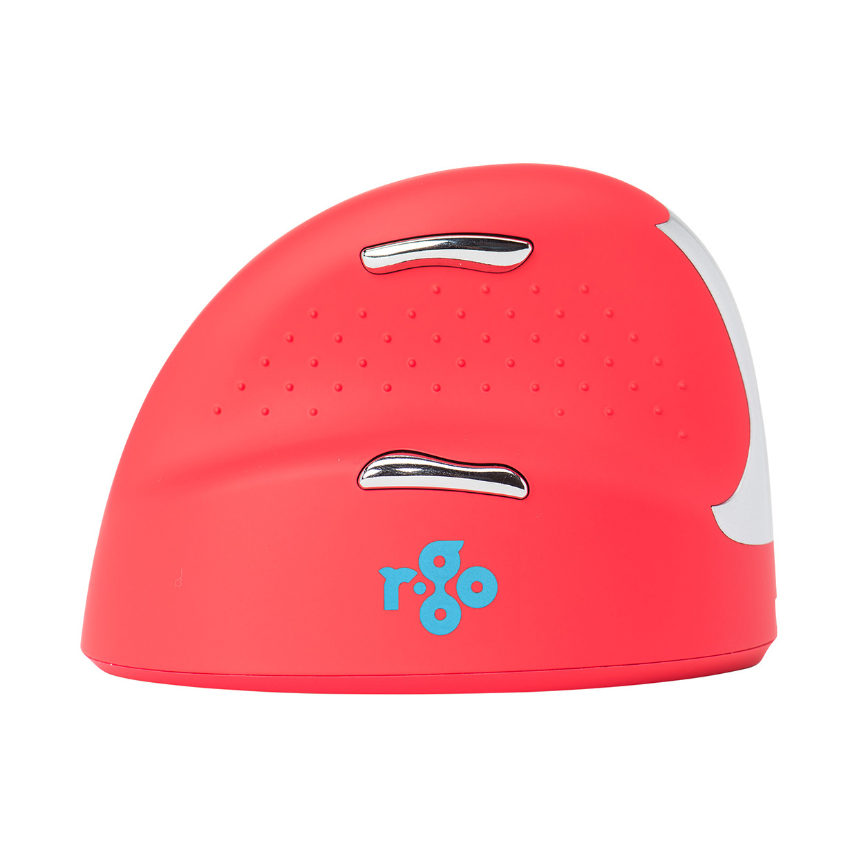 Un ratón ergonómico vertical rojo brillante con un logo y botones, aislado sobre fondo blanco.