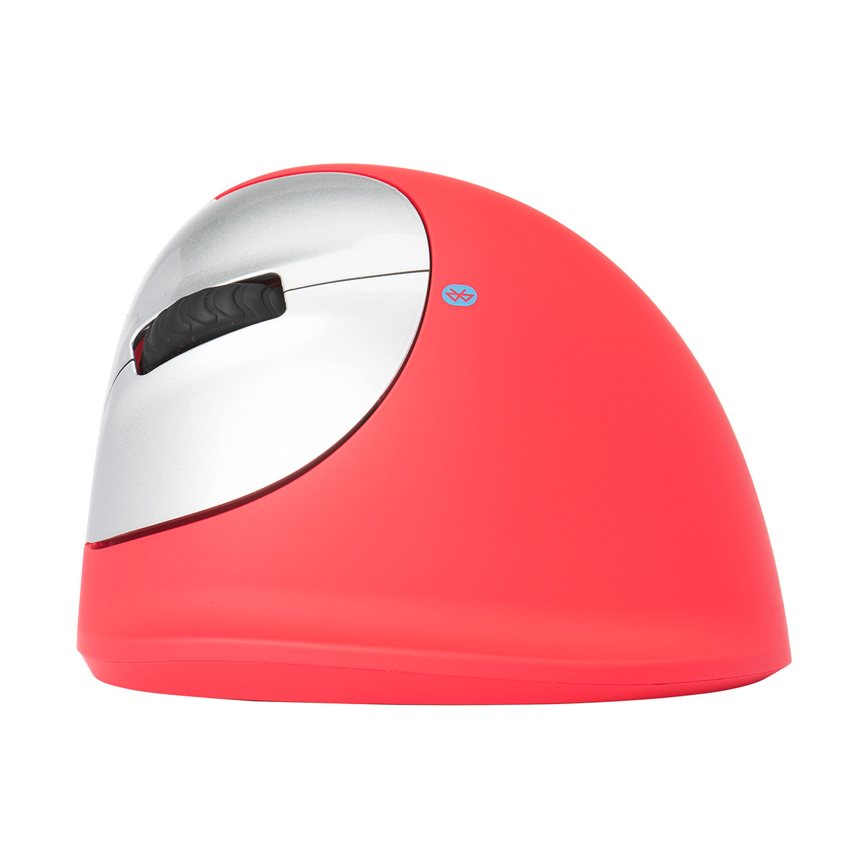 Ratón ergonómico rojo y plateado con símbolo Bluetooth.