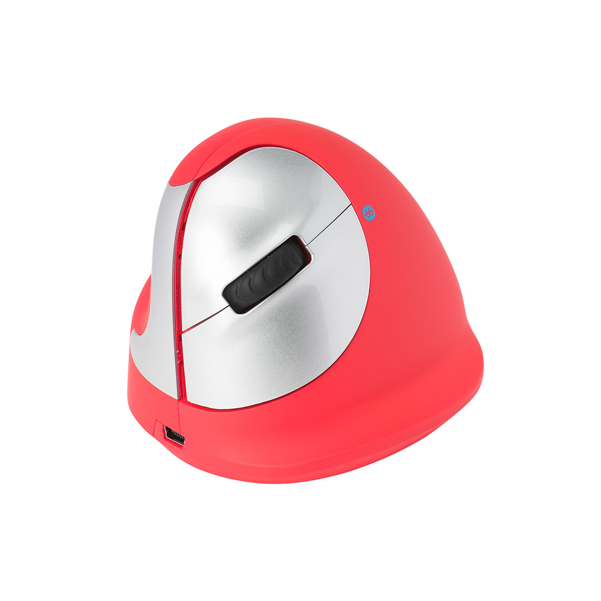 Un ratón ergonómico rojo y plateado con diseño vertical.