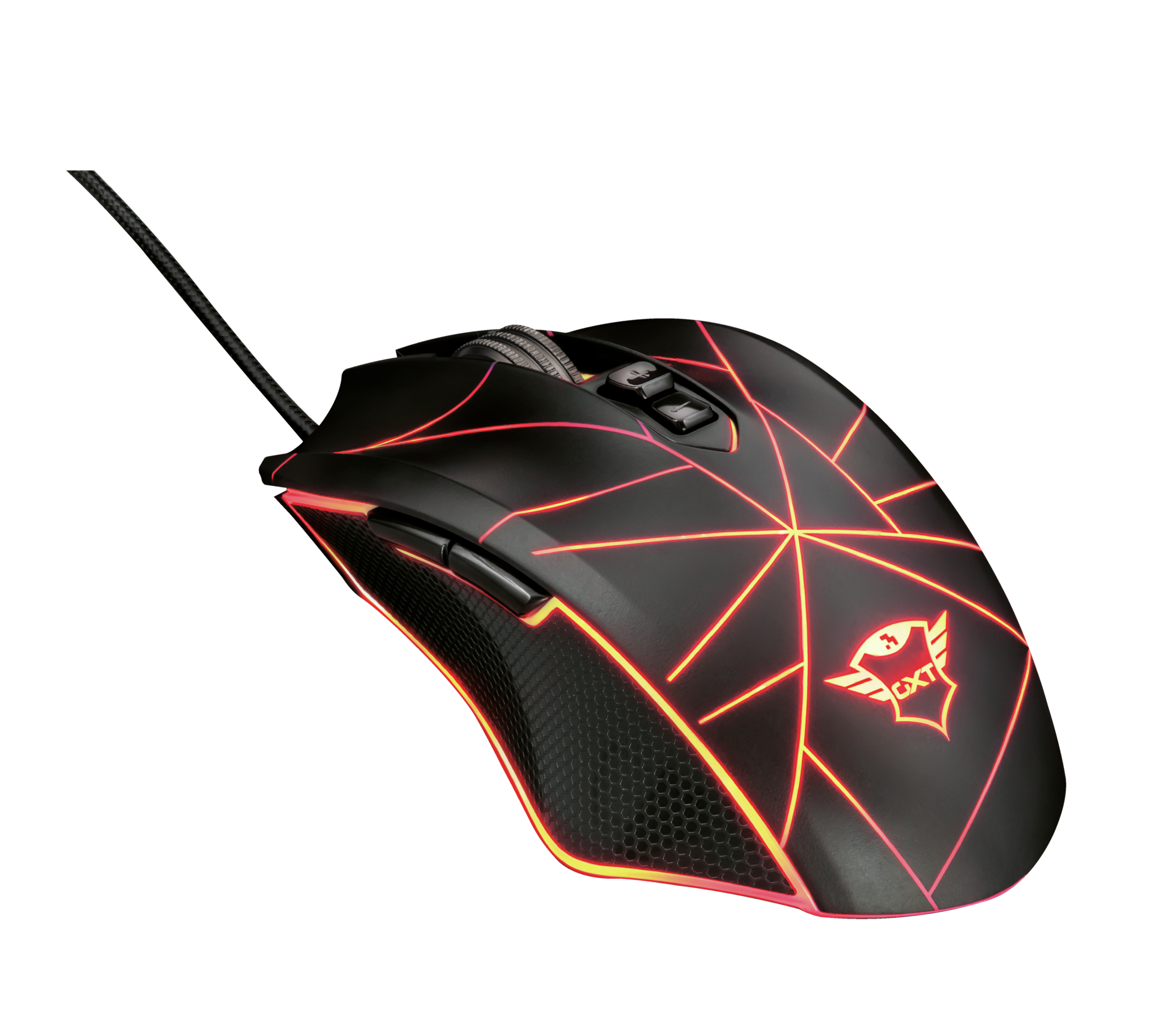 Mouse da gioco nero con illuminazione rossa e arancione. Il mouse ha un design a ragnatela.