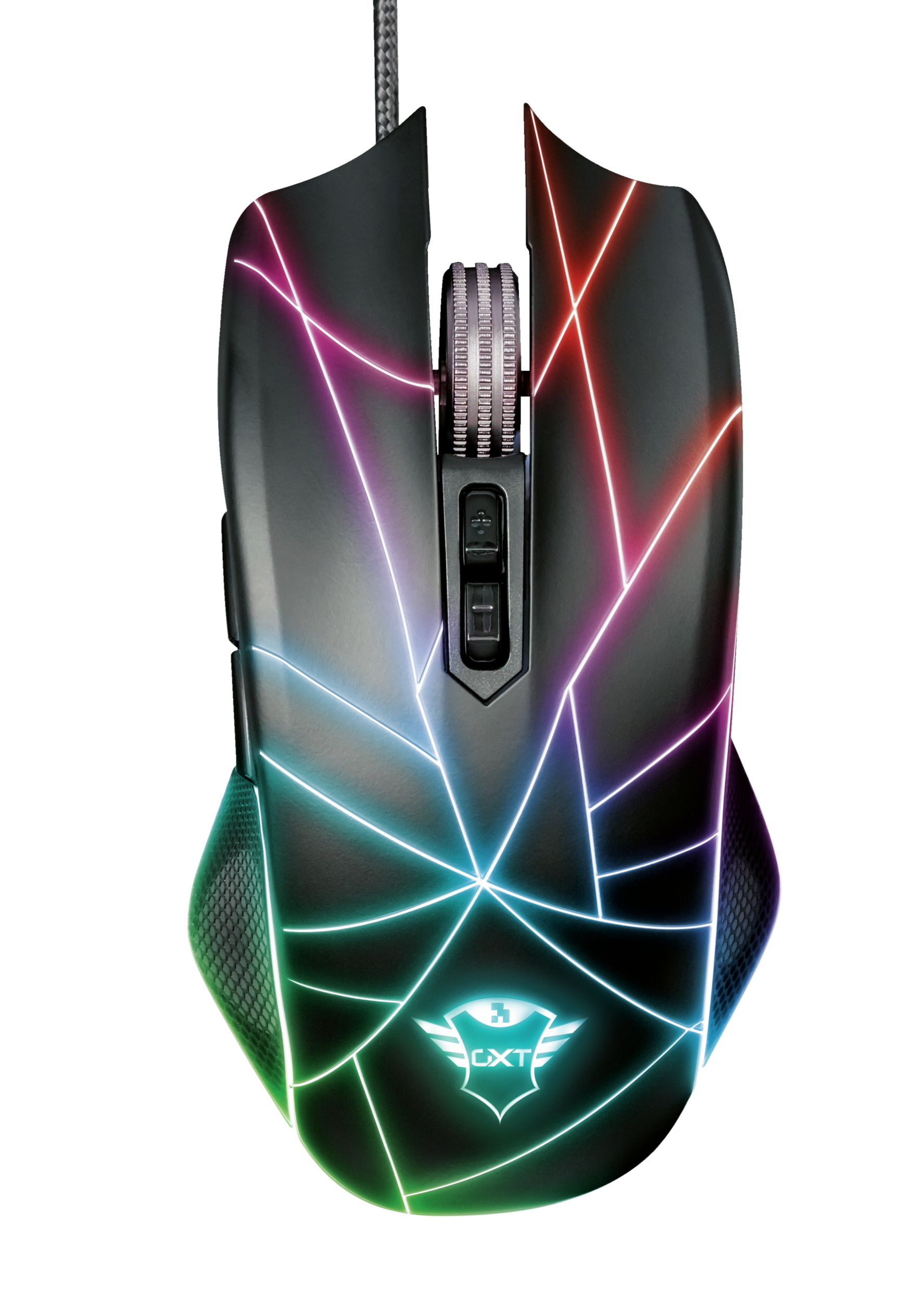 Mouse da gioco nero con motivi di illuminazione colorati. Il mouse è su sfondo bianco.