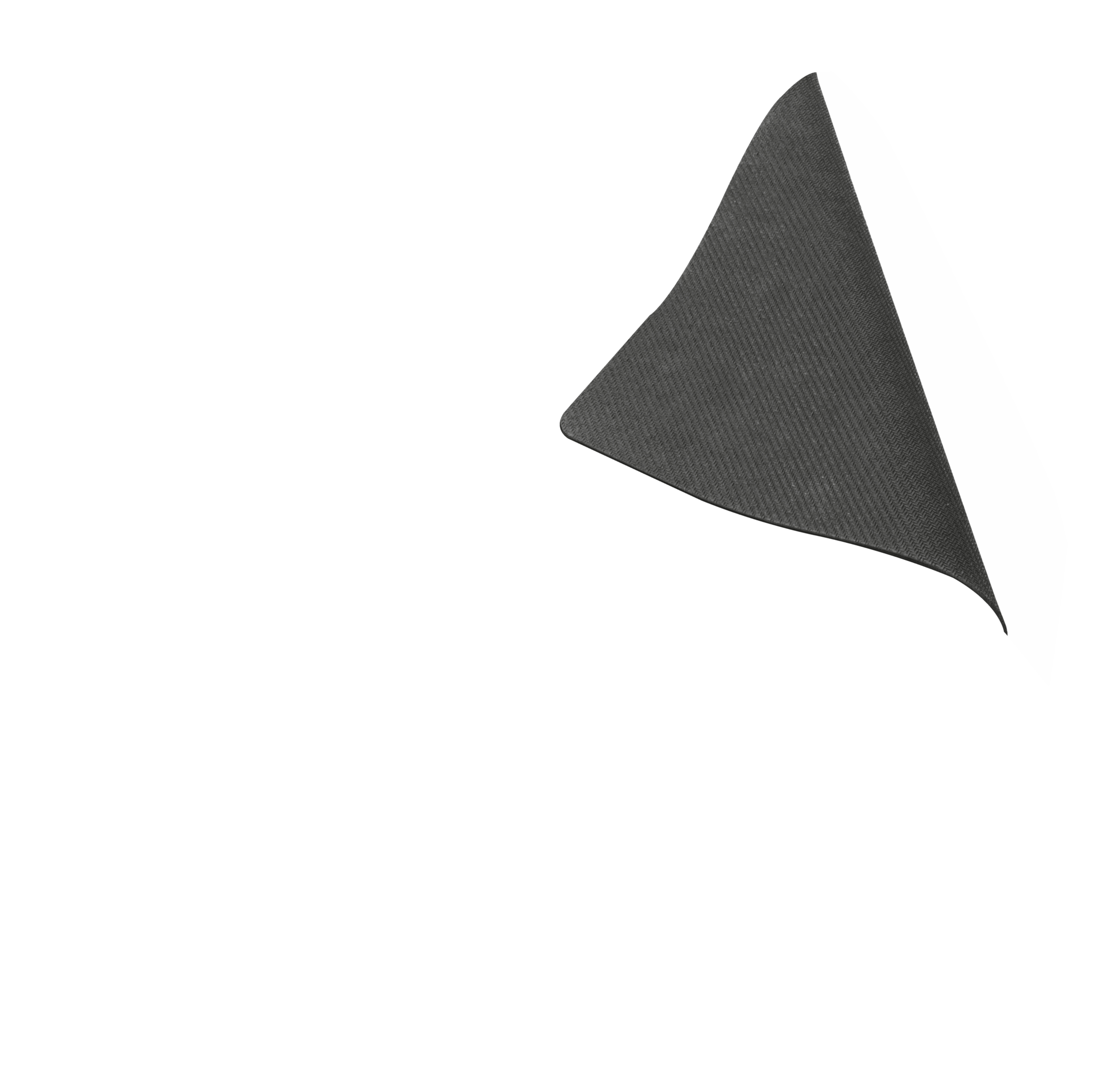Tappetino per mouse triangolare grigio su sfondo bianco, leggermente incurvato verso l'alto.